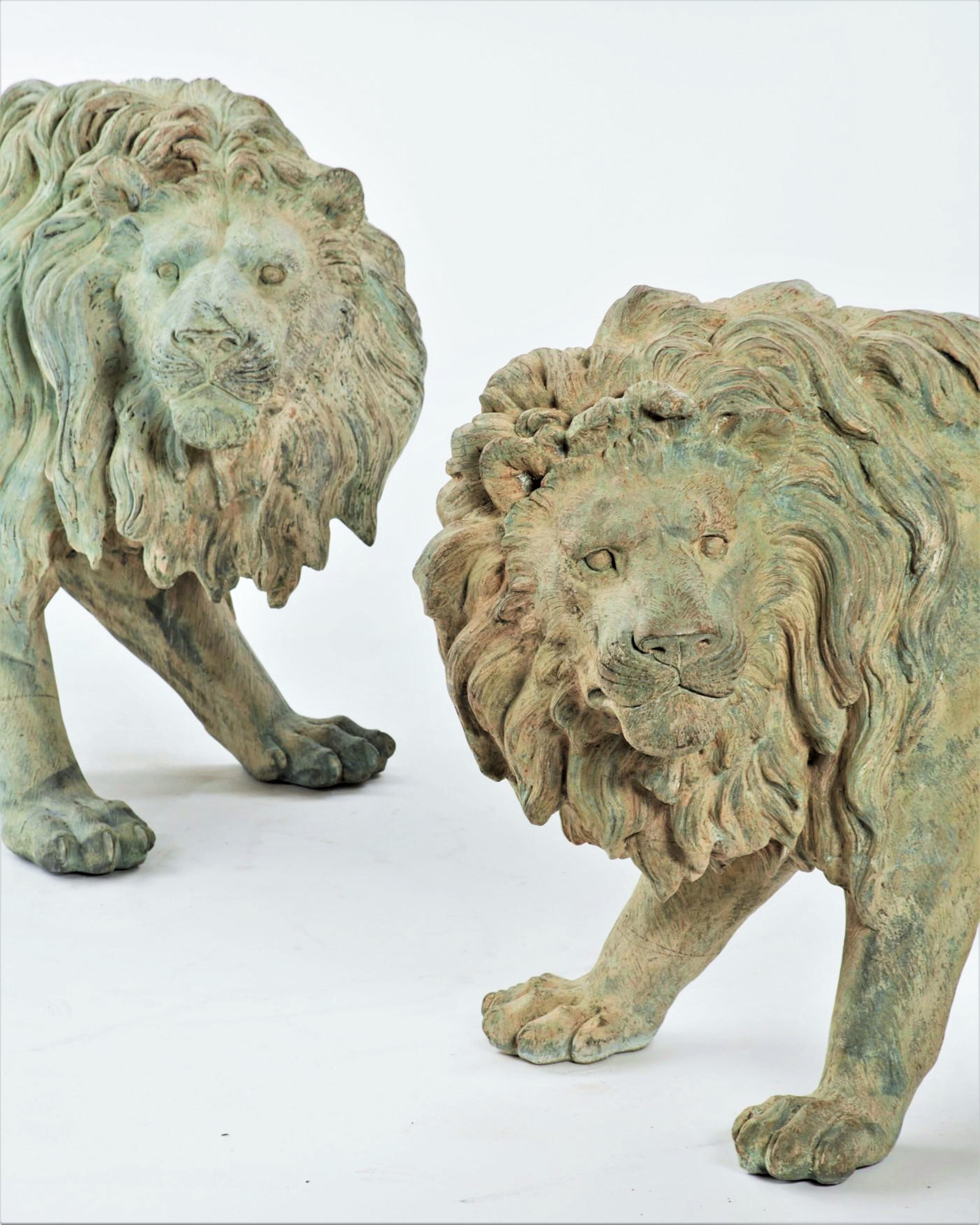 Large Pair Patinated Life Size Bronze Statues Sculpture of Regal Big Cats Lions For Sale 4