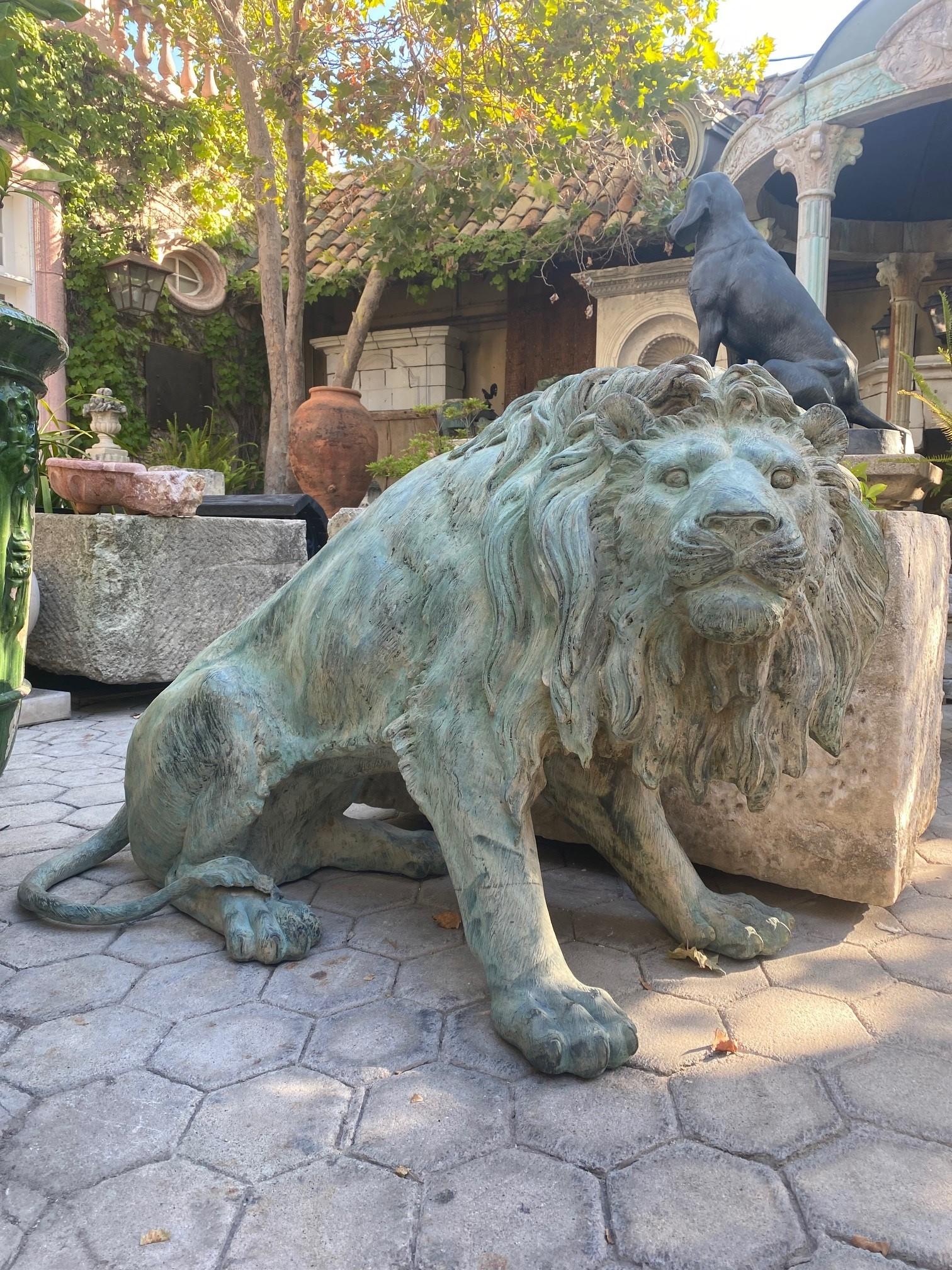 Large Pair Patinated Life Size Bronze Statues Sculpture of Regal Big Cats Lions For Sale 7
