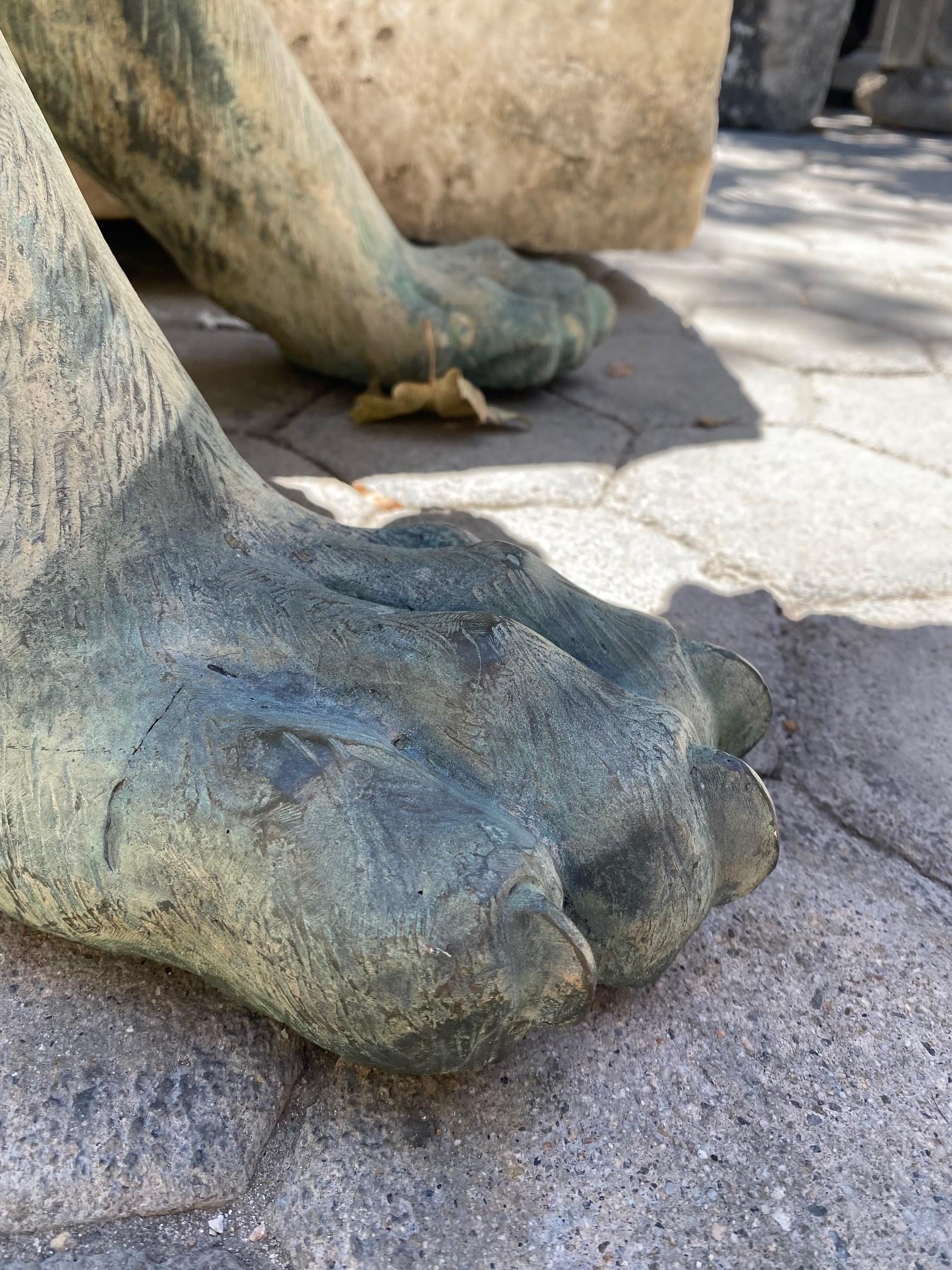 Large Pair Patinated Life Size Bronze Statues Sculpture of Regal Big Cats Lions For Sale 9