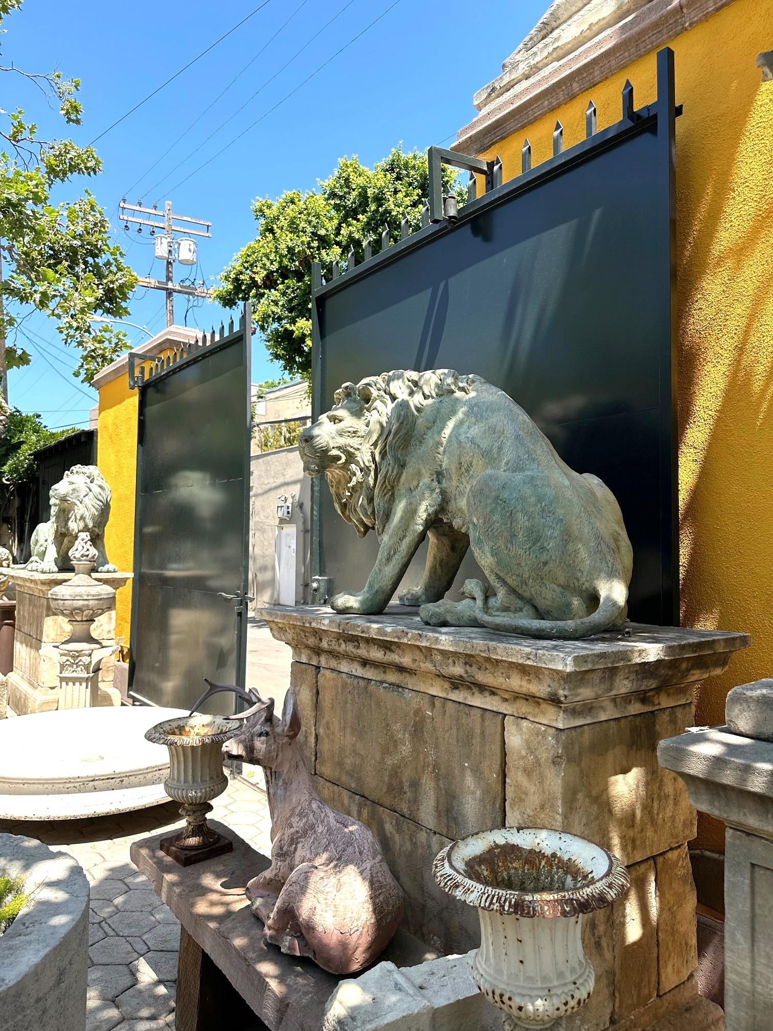 Grande paire de statues en bronze patiné grandeur nature Sculpture de grands félins régaliens Lions Bon état - En vente à West Hollywood, CA