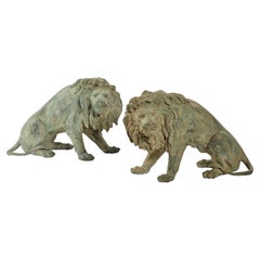 Large Pair Patinated Life Size Bronze Statues Sculpture of Regal Big Cats Lions
