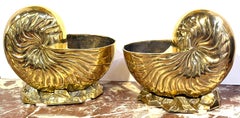 Large Pair Polished Brass Nautilus Shell Vase by Sarreid, Spain, Circa 1970s
