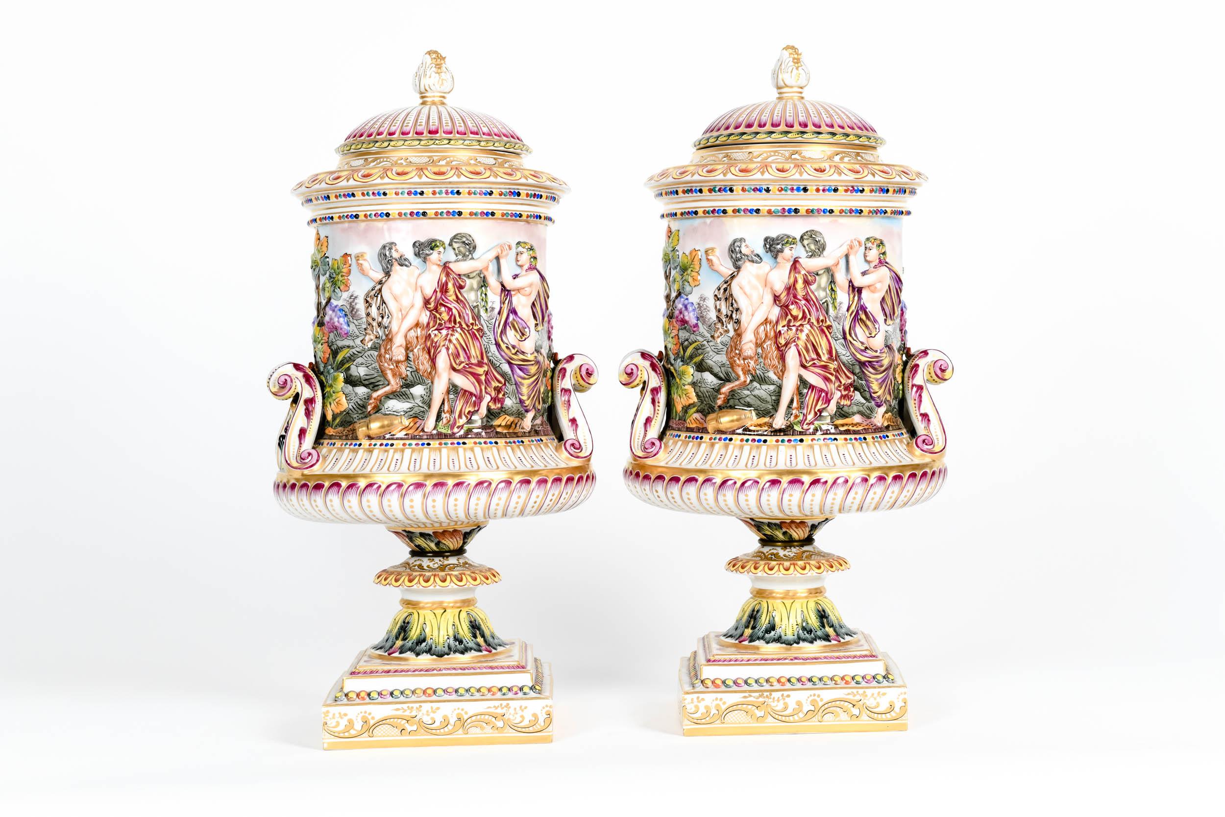 Late 19th Century Large Pair of Porcelain Covered Urns / Decorative Pieces