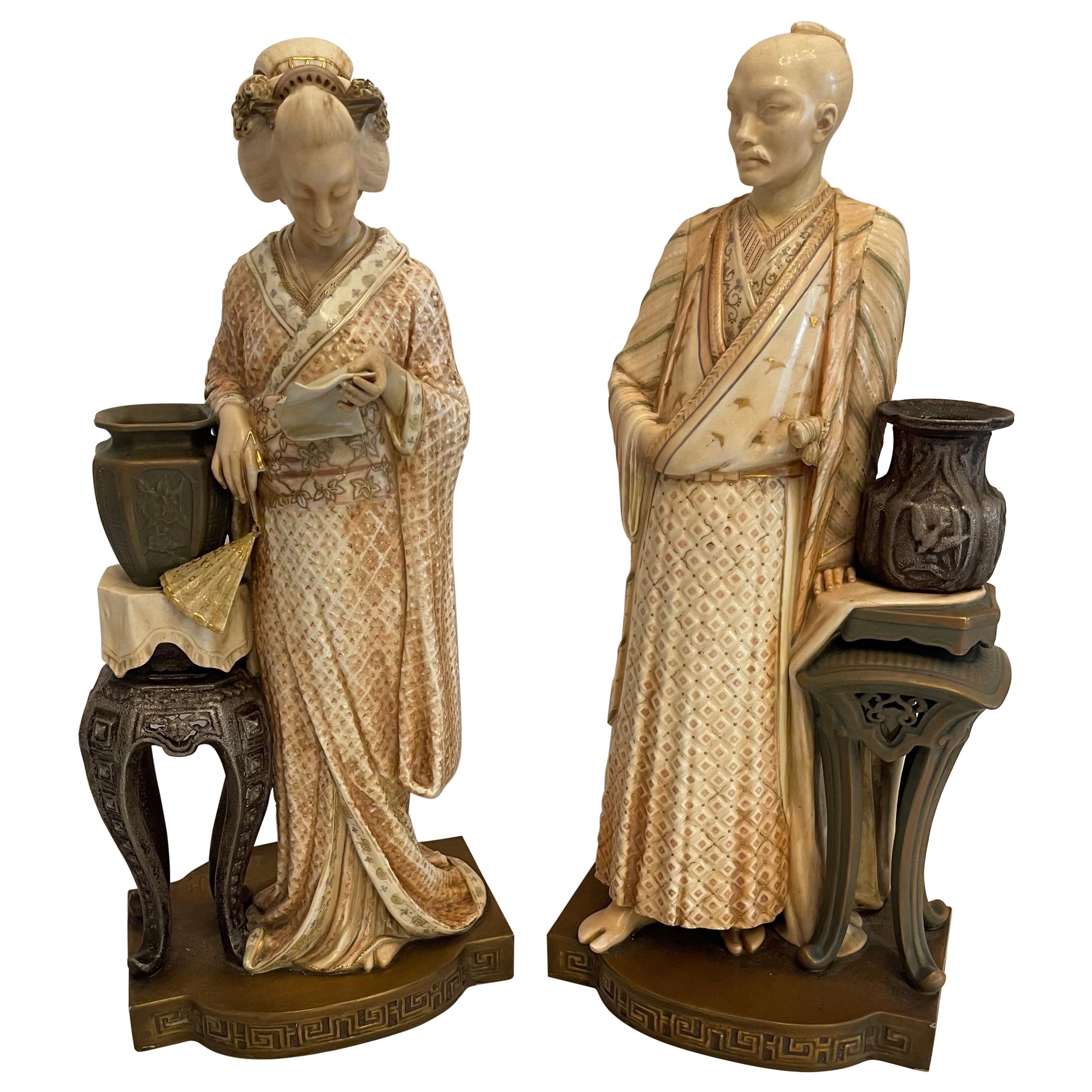 Large Pair Royal Worcester Hadley Porcelain English Asian Chinoiserie Sculptures