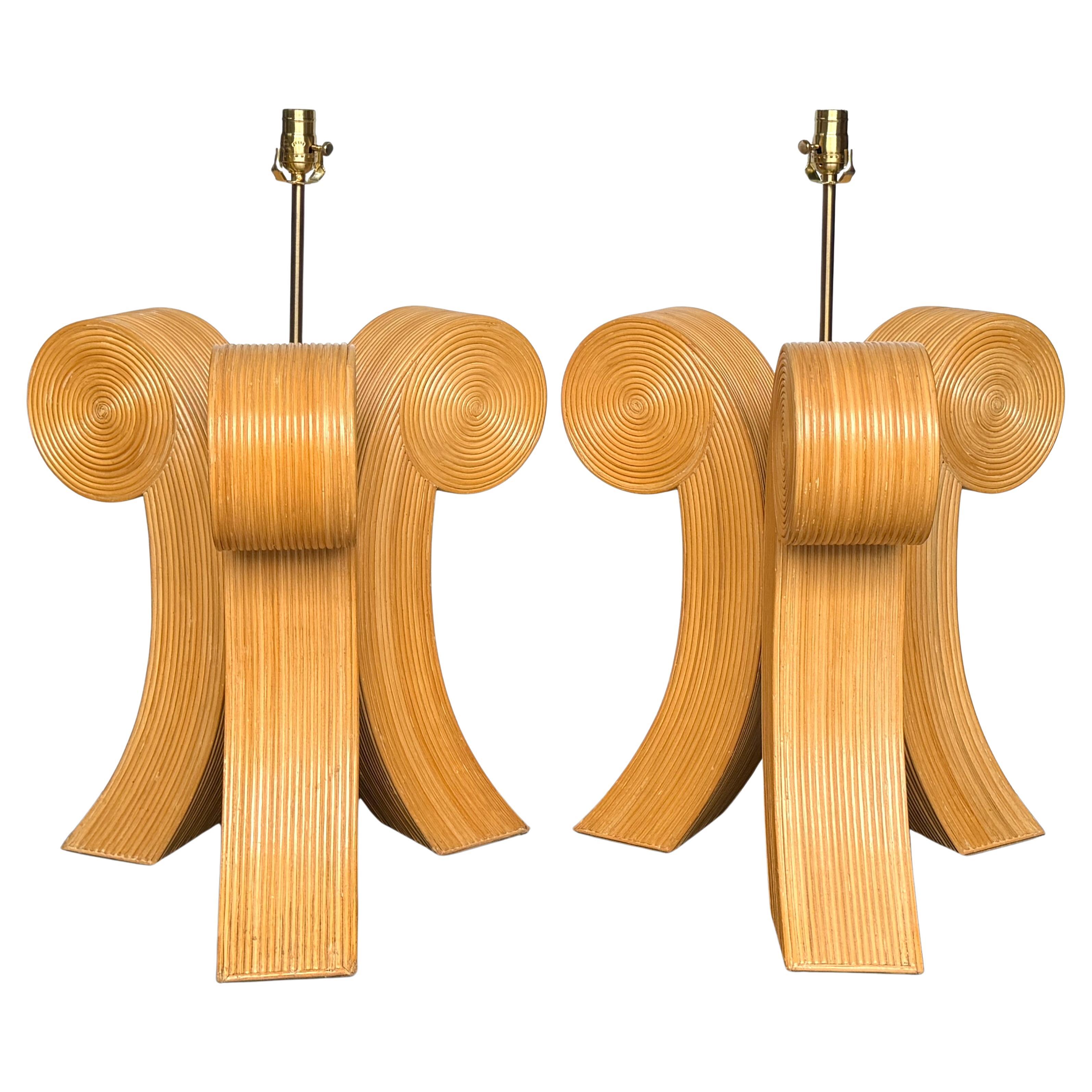 Large Pair Sculptural Modernist Pencil Reed Scroll Lamps, 1980s For Sale