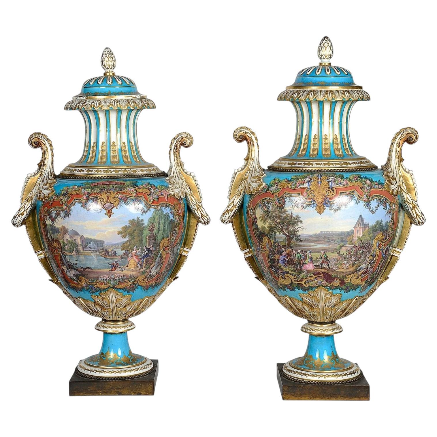 Large Pair Sevres style lidded vases, circa 1880 For Sale