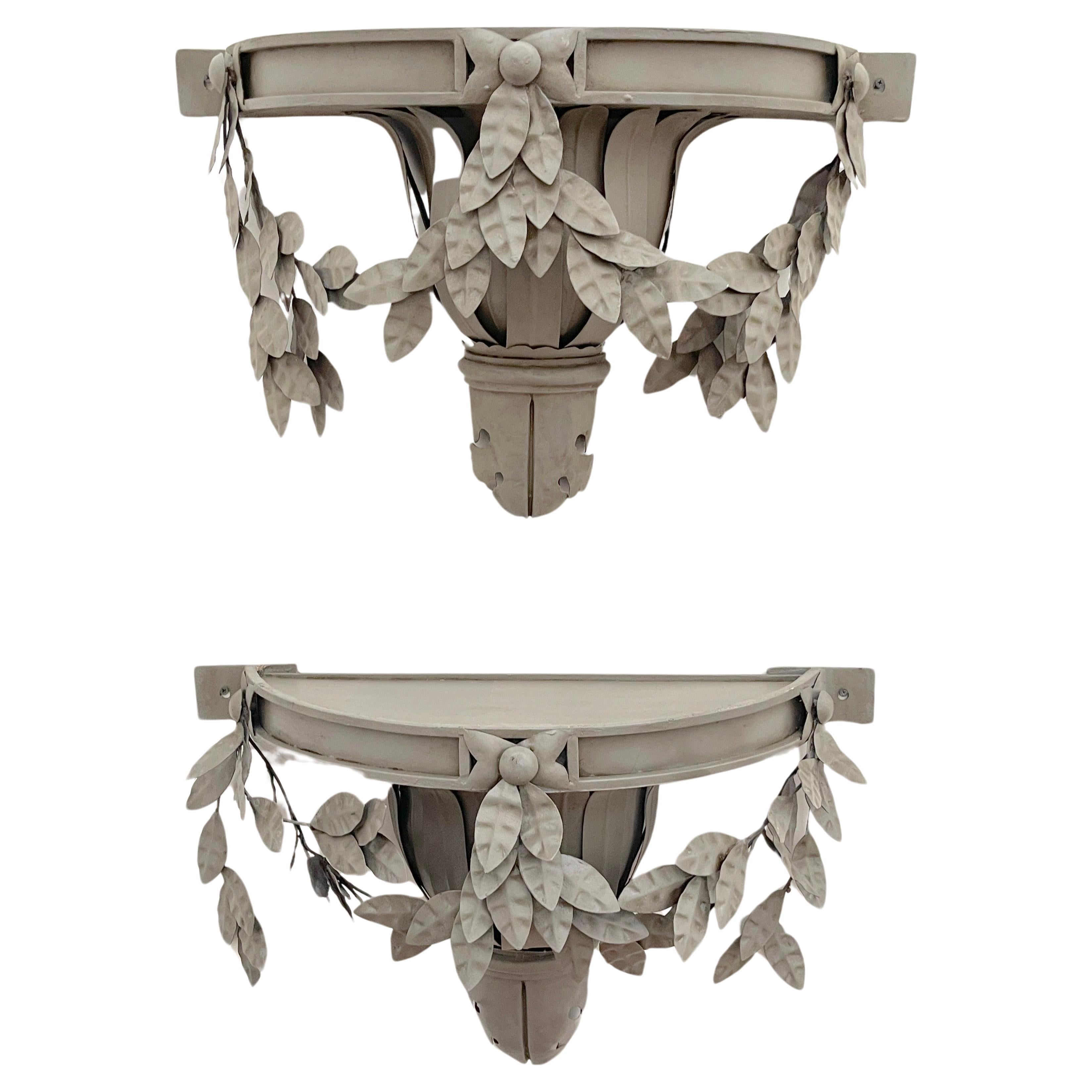 Large Pair Swedish Gray Neoclassical Tole Wall Brackets/Shelves For Sale