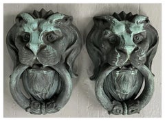 Large Pair Verdigris Bronze Lion Mask Door Knockers or Ring Handles