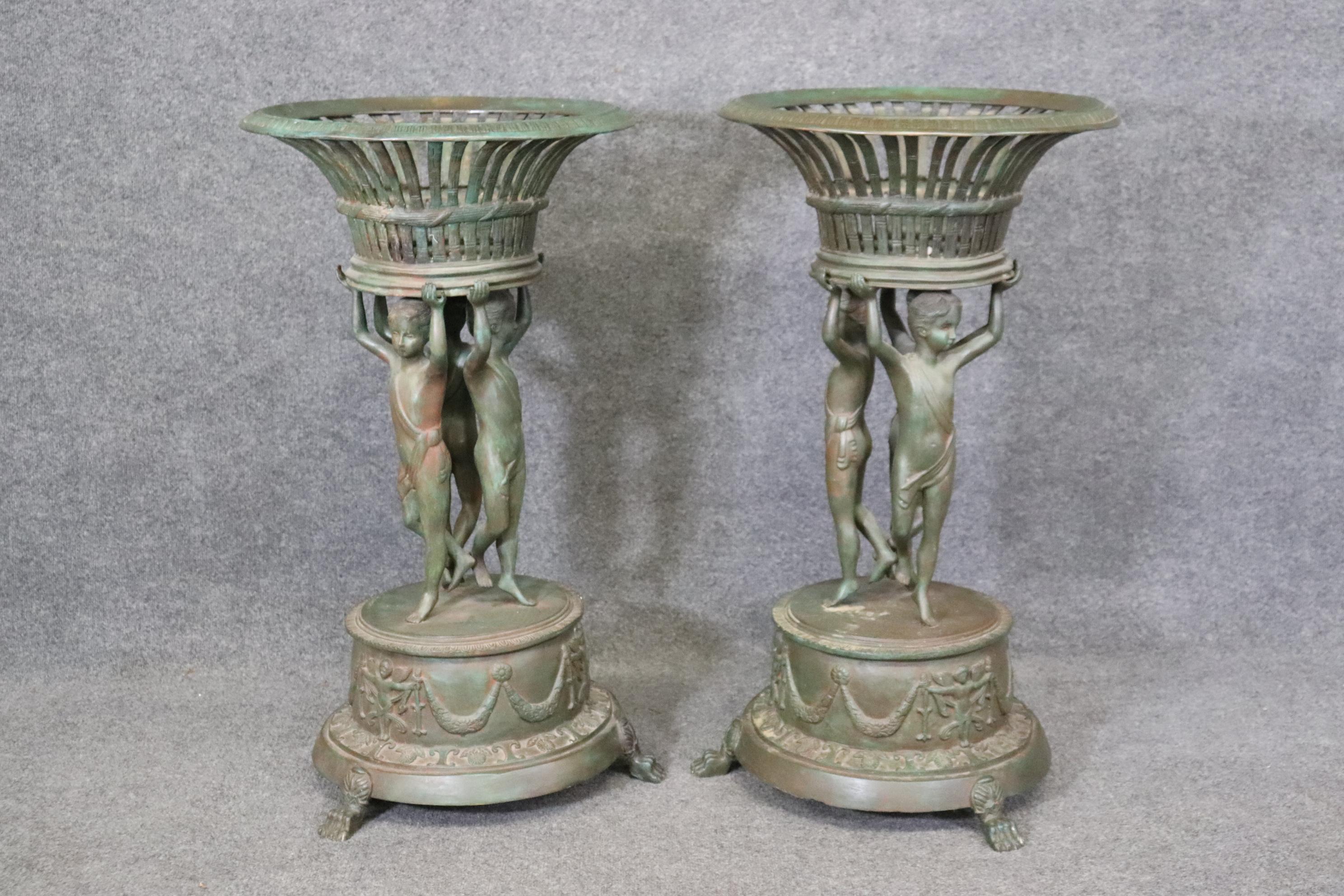 Large Pair Verdigris Finished Cast Metal Figural Planters after Clodion In Good Condition For Sale In Swedesboro, NJ