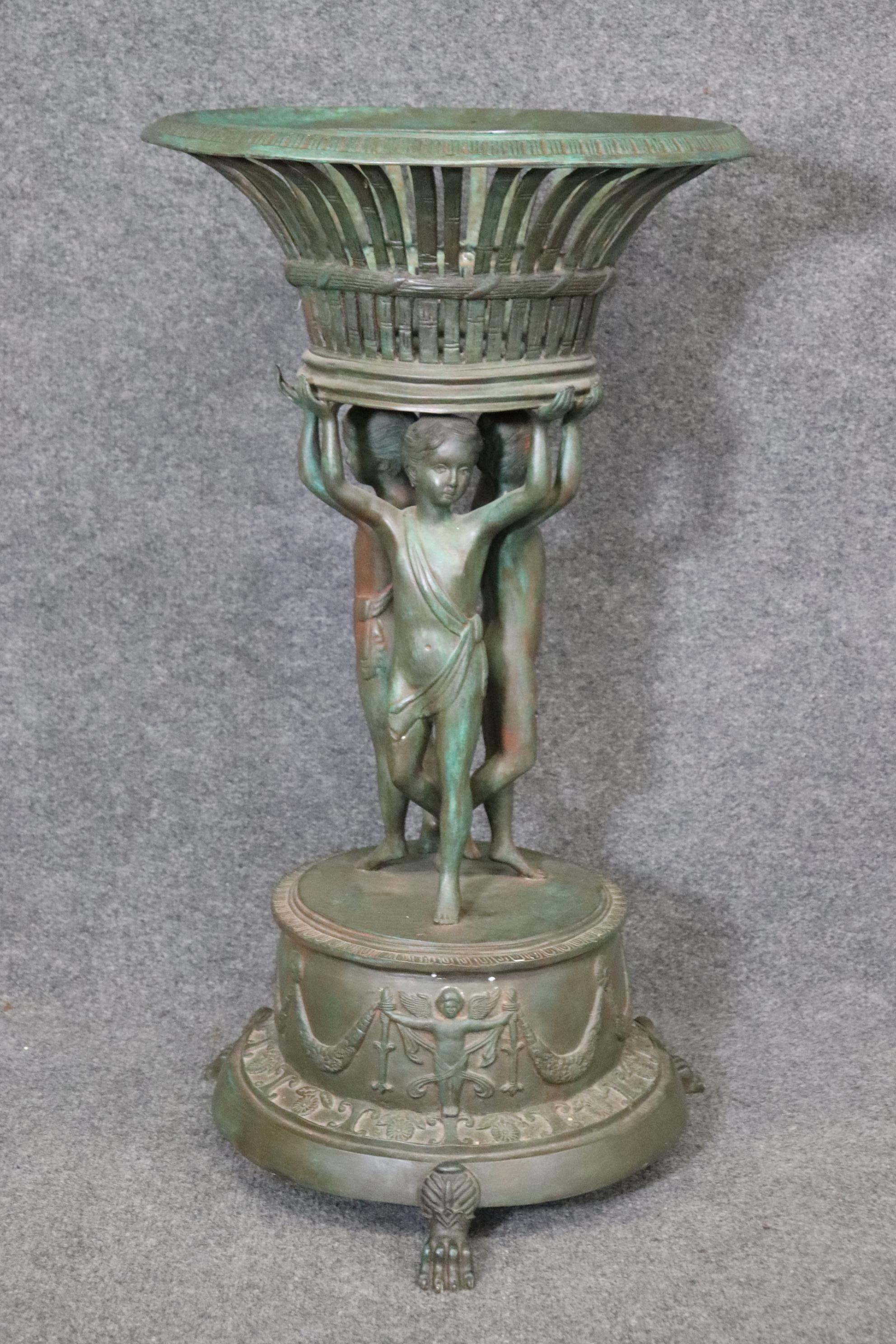 Mid-20th Century Large Pair Verdigris Finished Cast Metal Figural Planters after Clodion For Sale