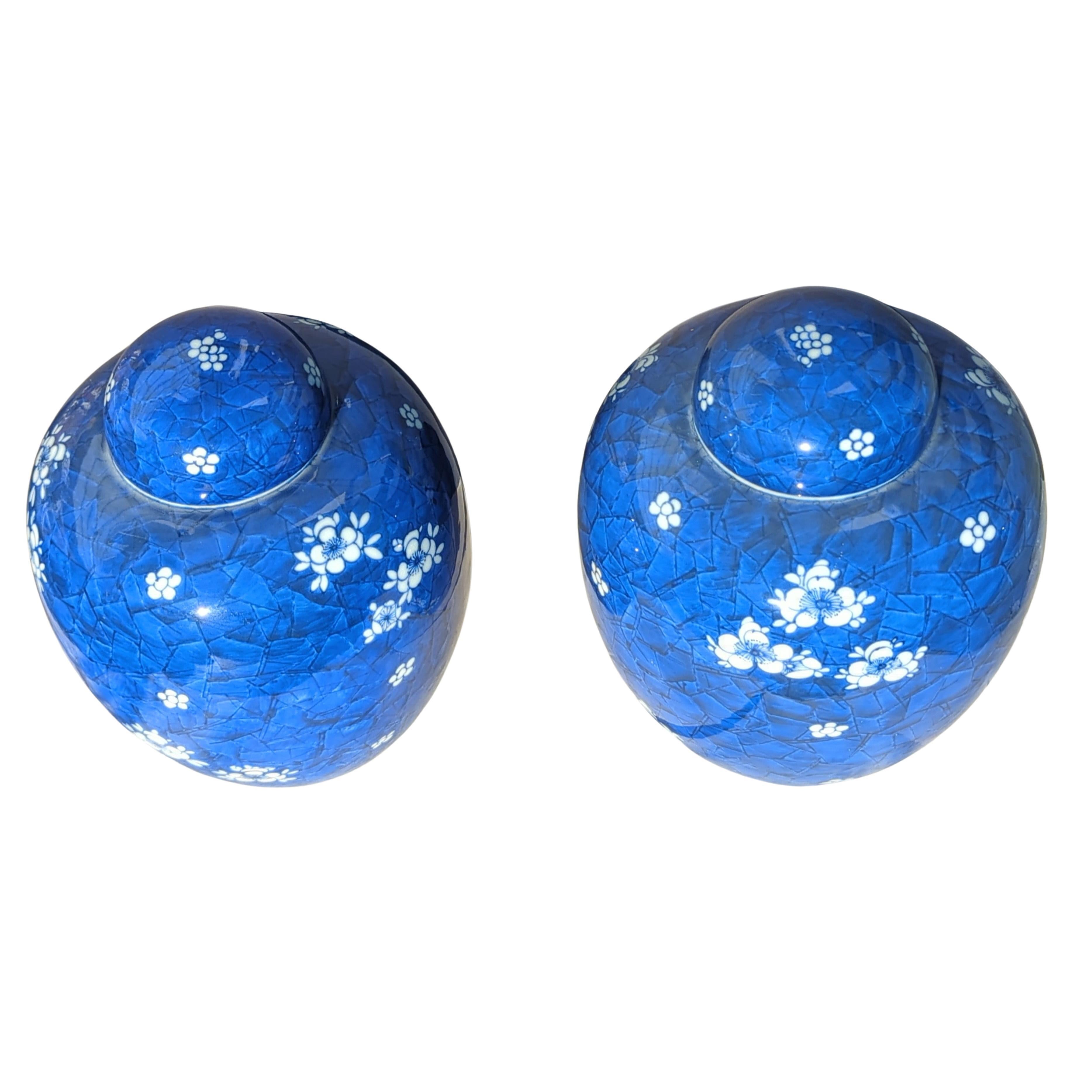 Pair of very fine vintage Chinese export blue and white hawthorn ginger jars, finely decorated with reserve plum blossoms. The white porcelain biscuit is very fine. Comes with original matching covers.
 
Size: H: 11