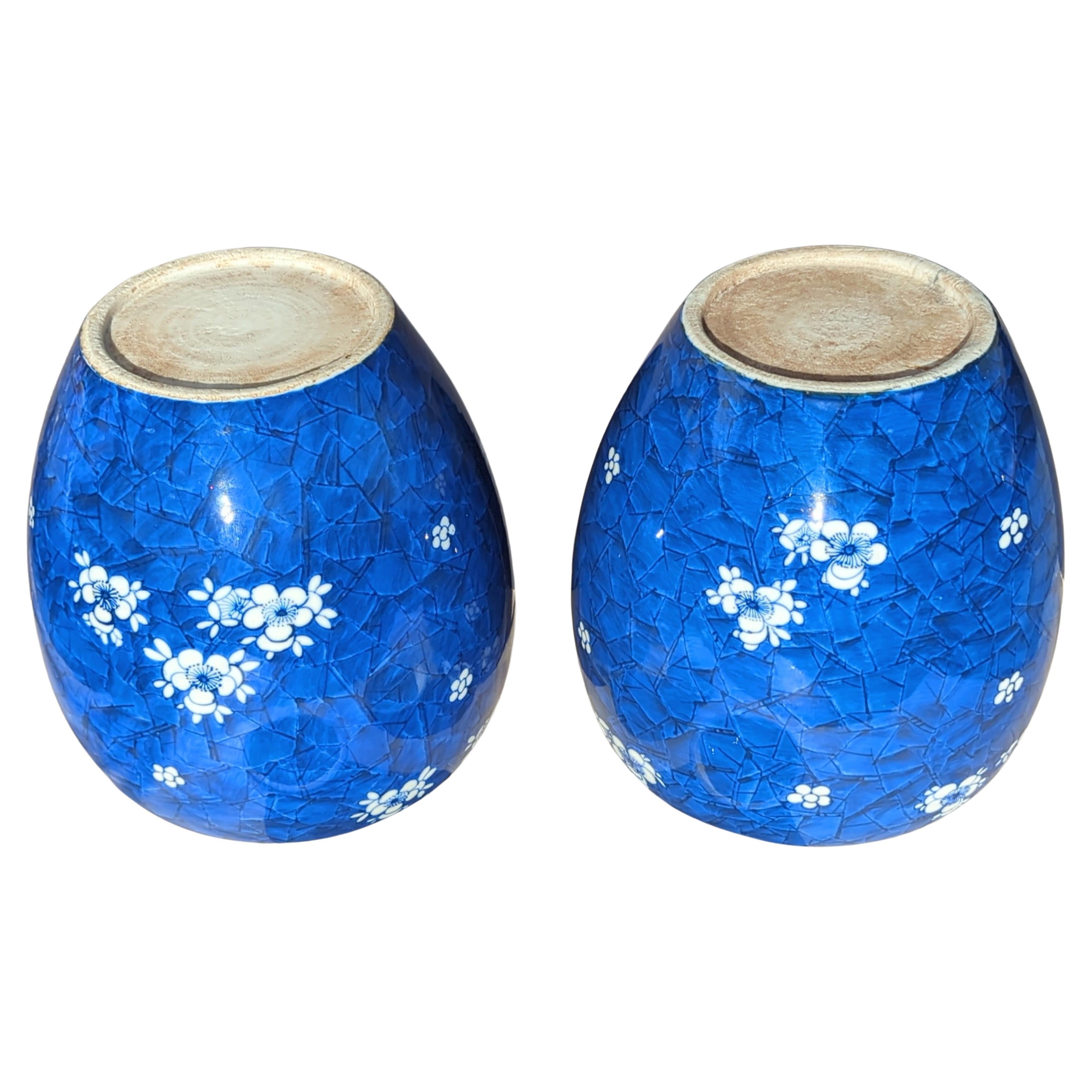 Peint à la main Grande paire de jarres chinoises couvertes d'aubépine bleue et blanche de 11 pouces 20 c en vente
