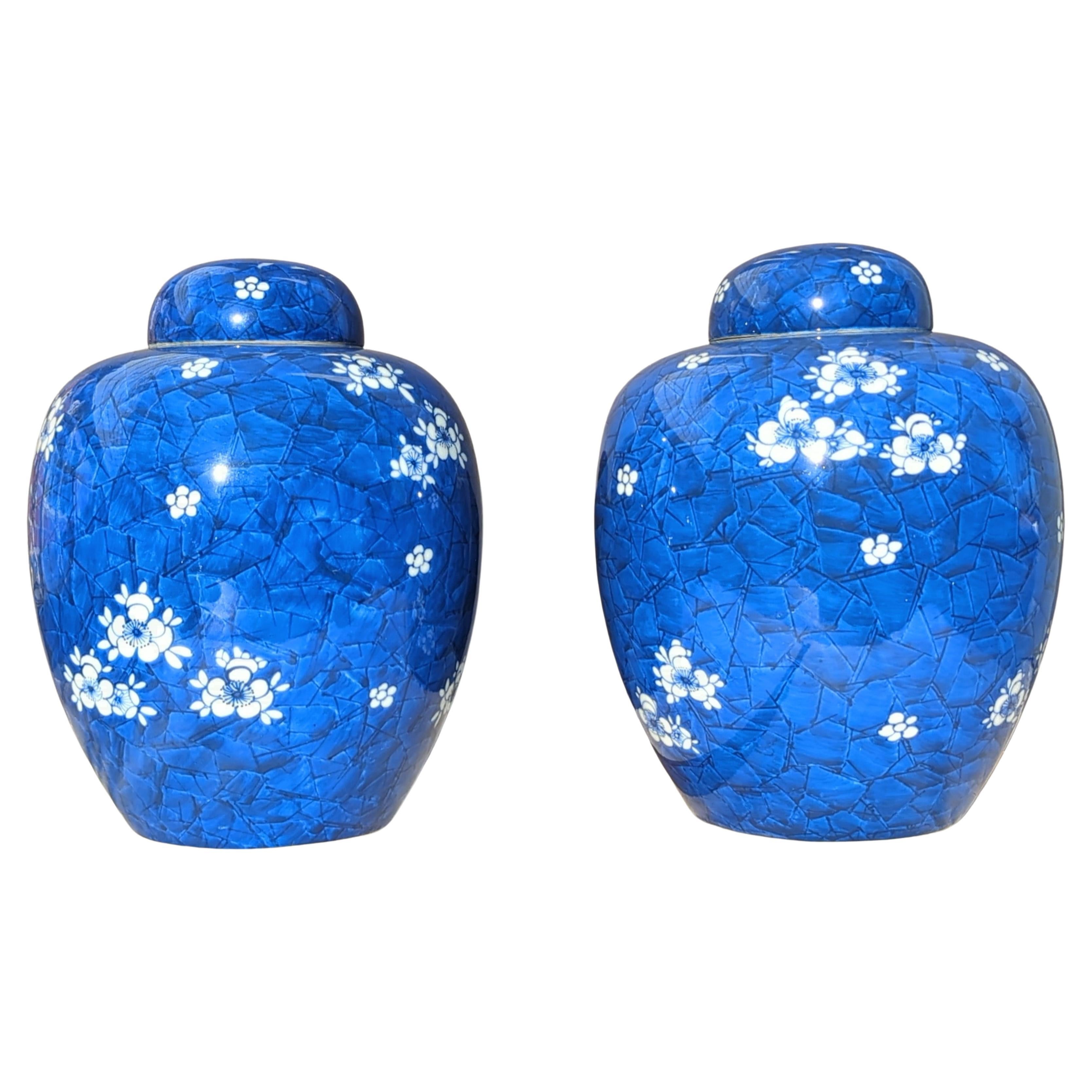 Large Pair Very Fine Chinese Blue & White Hawthorn Covered Jars 11" 20c For Sale