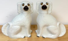 Large Pair Victorian Staffordshire Spaniel Dogs with Amber Glass Eyes, 1860s