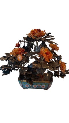 Large Pair Vintage Chinese Hardstone Peony Bonsai Trees Cloisonné Planters