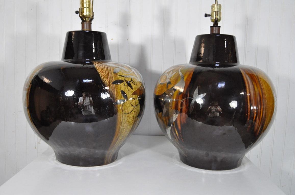 Large Pair of Mid-Century Modern Gazelle Ram Drip Glaze Pottery Table Lamps In Good Condition In Philadelphia, PA