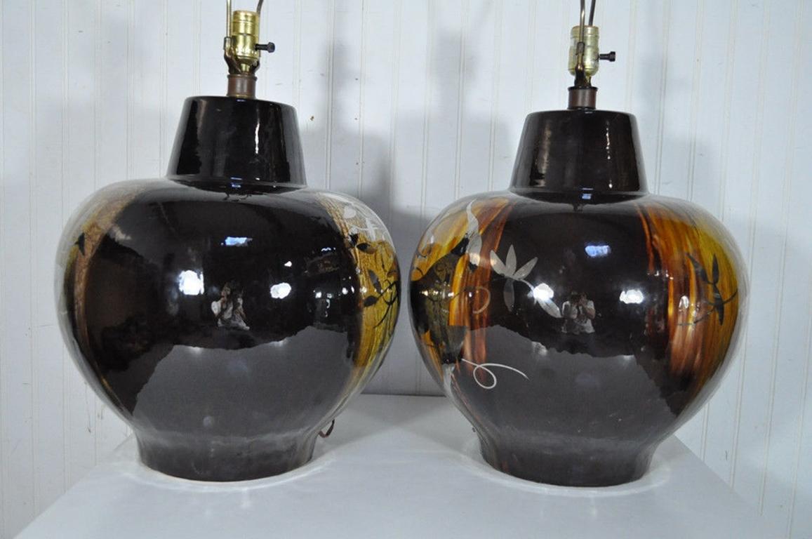 Mid-20th Century Large Pair of Mid-Century Modern Gazelle Ram Drip Glaze Pottery Table Lamps