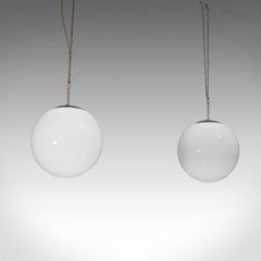 Large Pair, Vintage Opaline Hanging Lamps, Milk Glass, Ceiling Light, Industrial