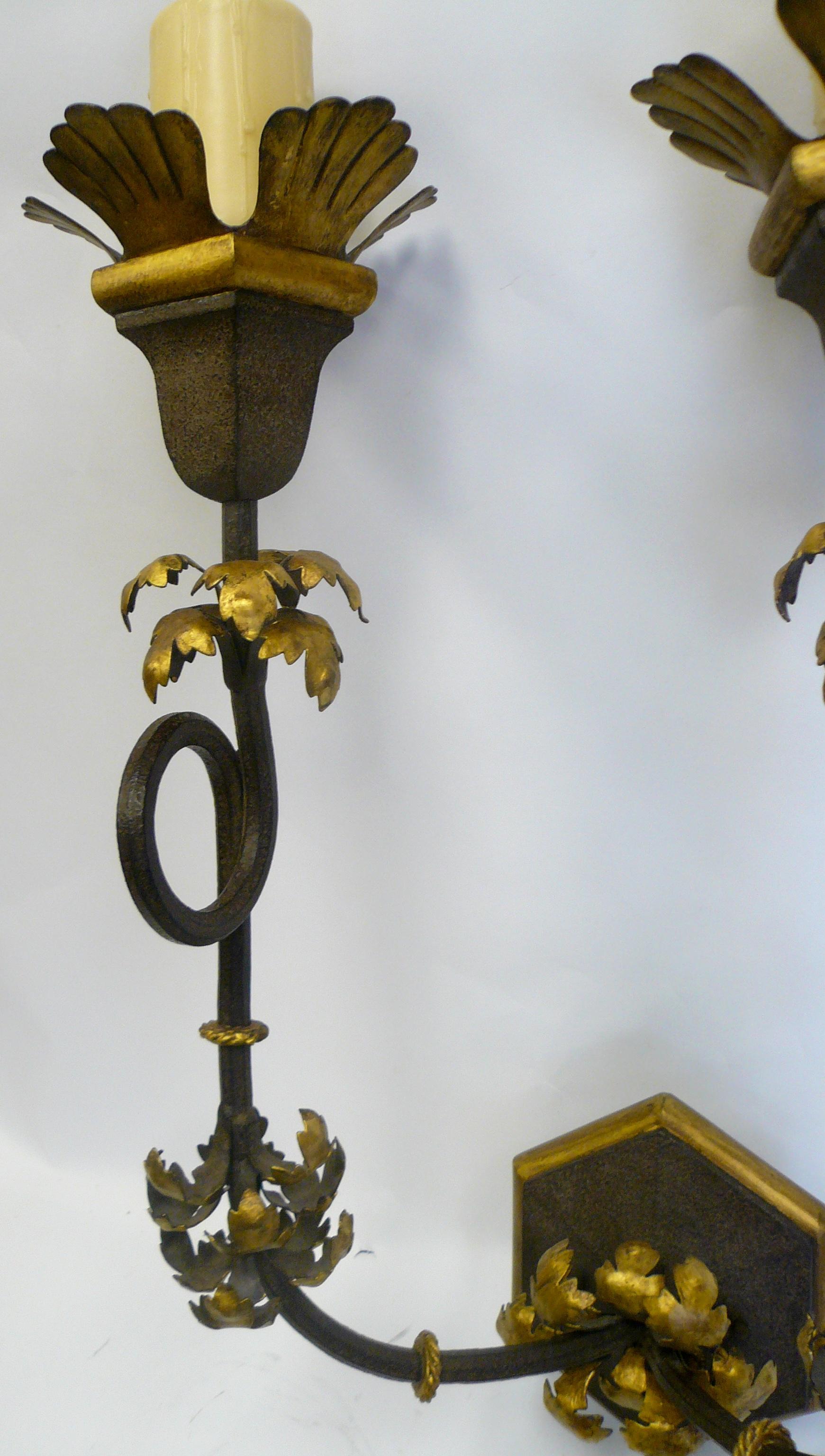 Large Pair of Wrought Iron Sconces with Gilt Highlights by Gregorius Pineo In Excellent Condition In Pittsburgh, PA