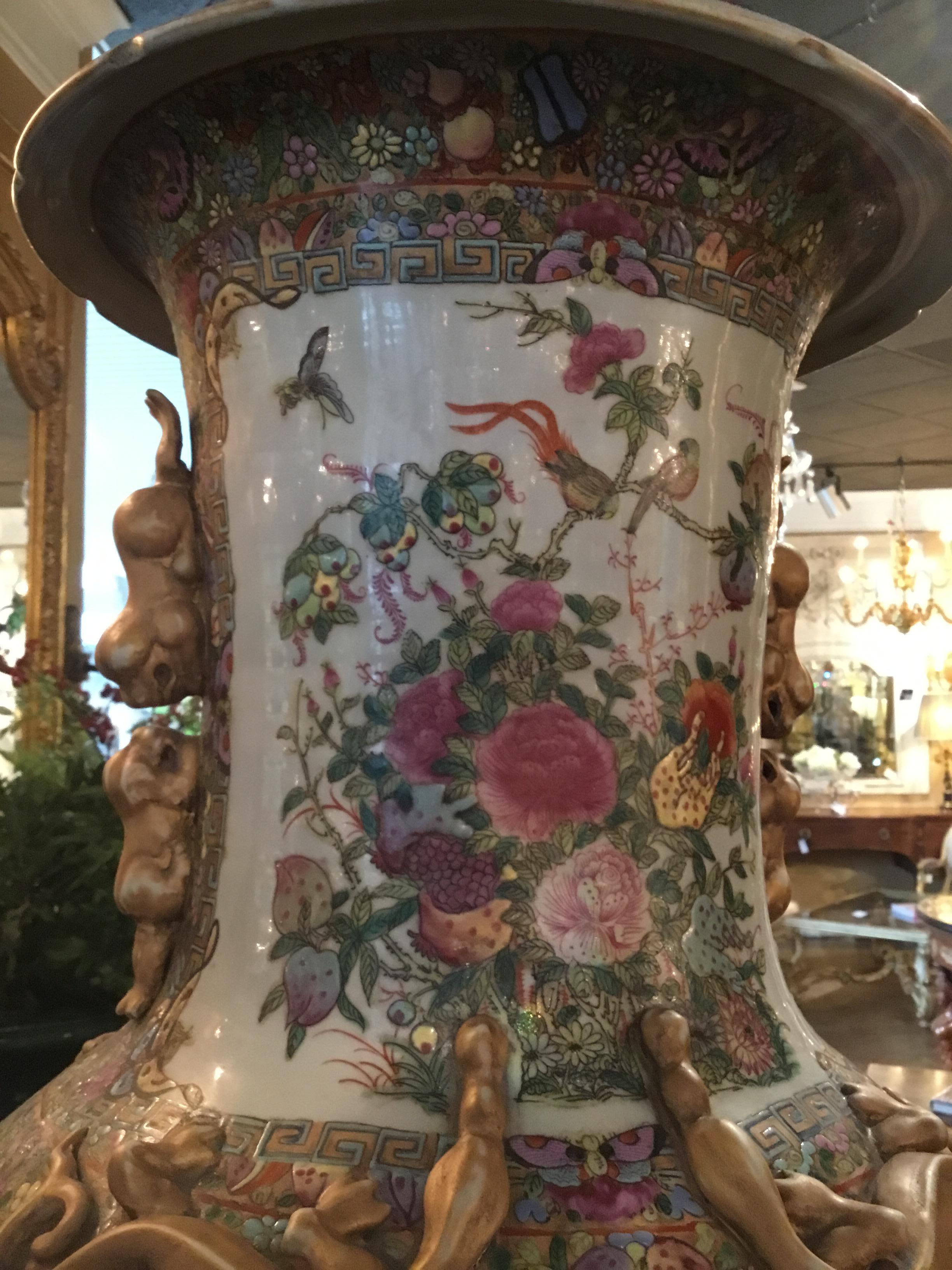 Hand-Painted Large Palace Size Rose Medallion Vases, 20th Century For Sale
