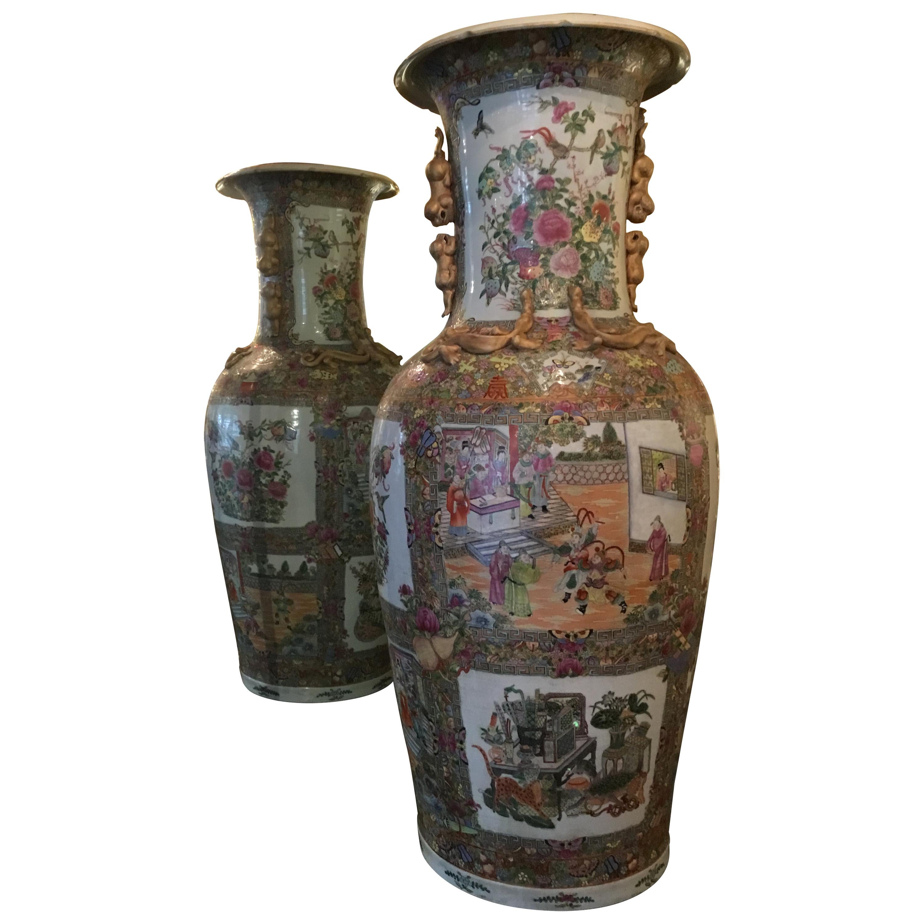 Large Palace Size Rose Medallion Vases, 20th Century For Sale