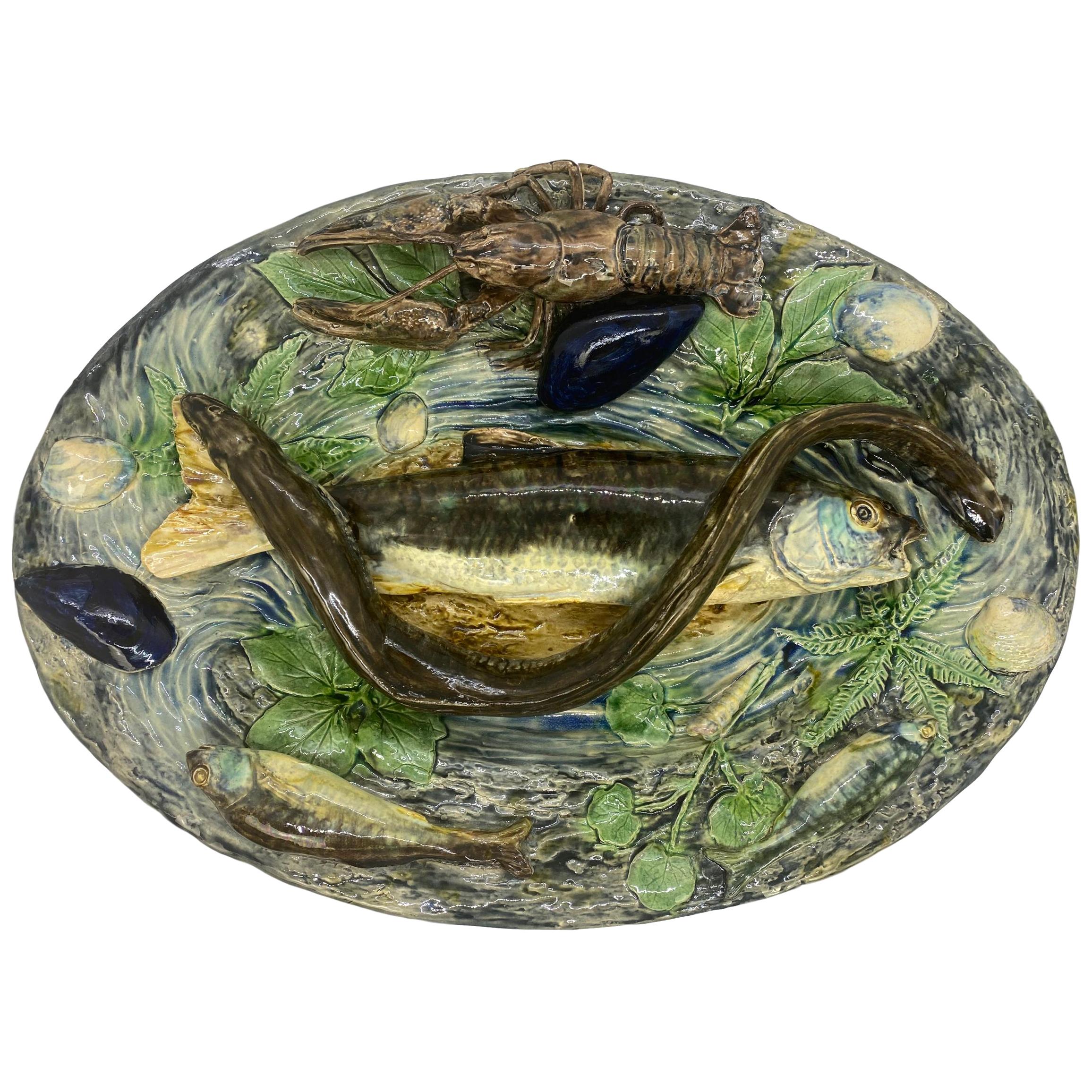 Large Palissy Ware Majolica Platter by Alfred Renoleau, French, circa 1885 For Sale