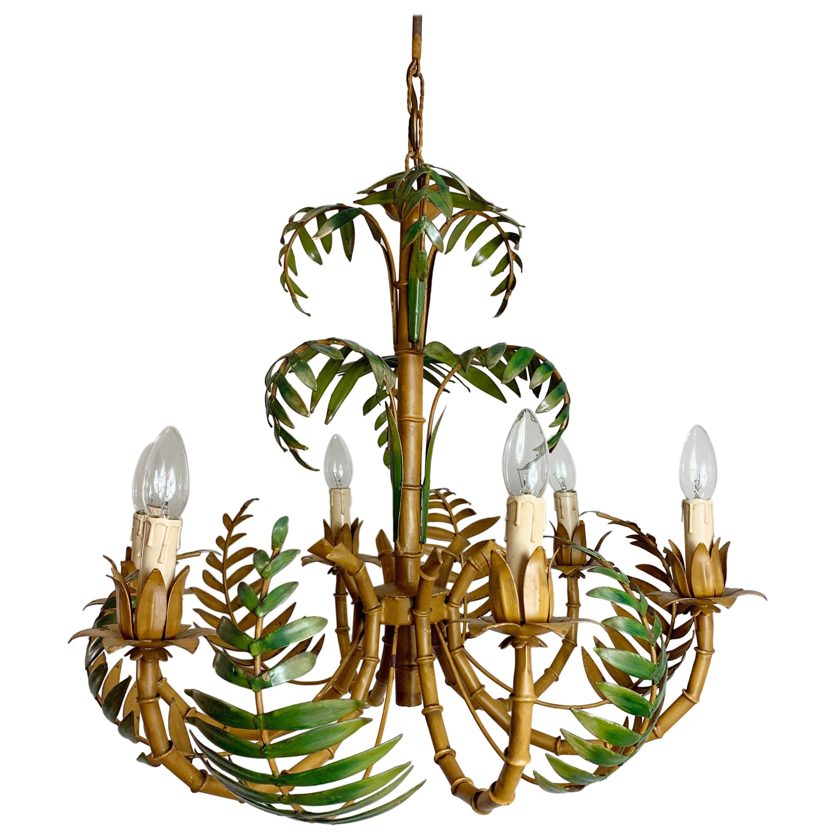 Large Palm Leaf and Faux Bamboo Tole Chandelier, 1960s