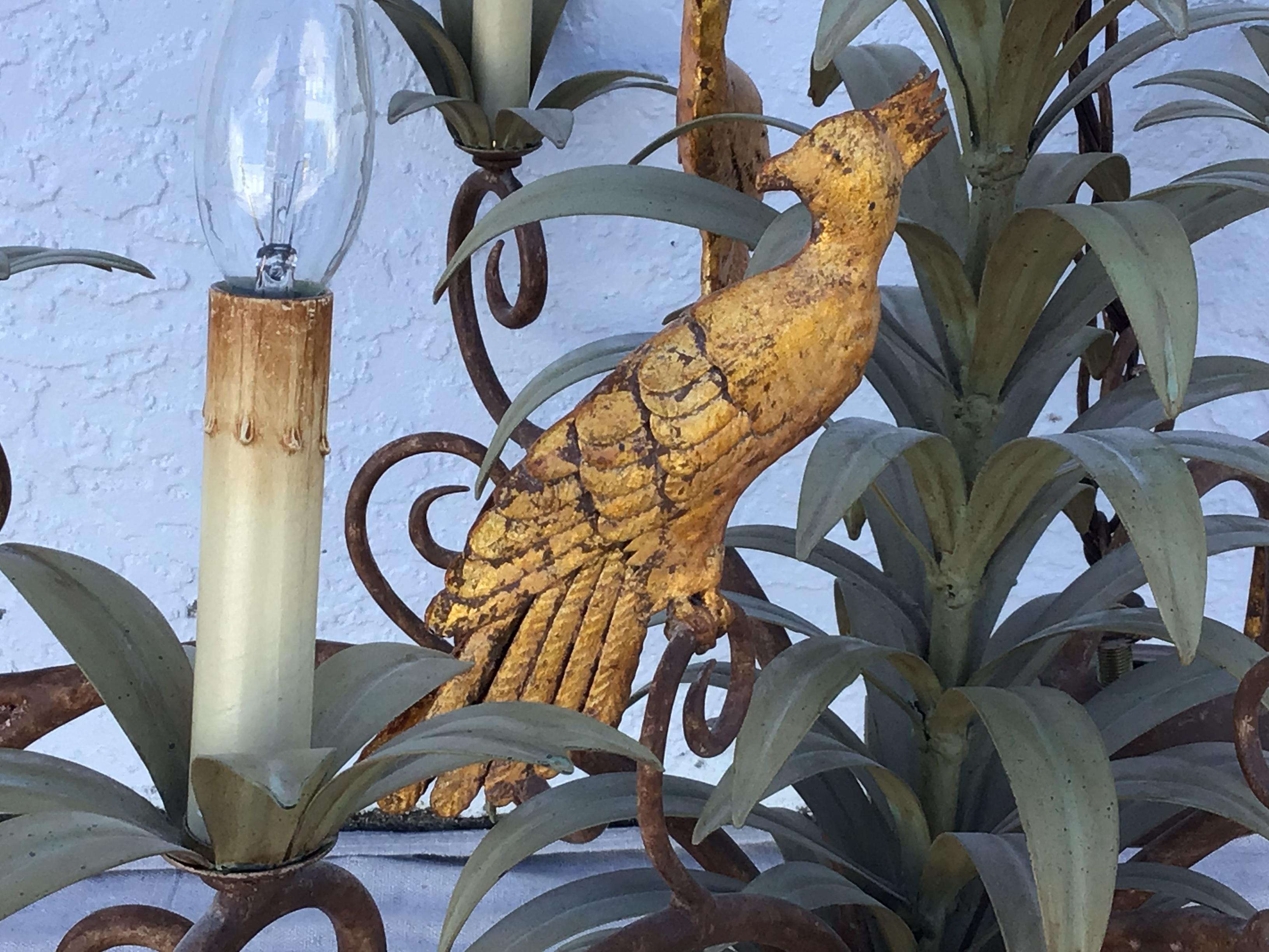 Mid-Century Modern Large Palm Leaf and Parrot Tole Chandelier