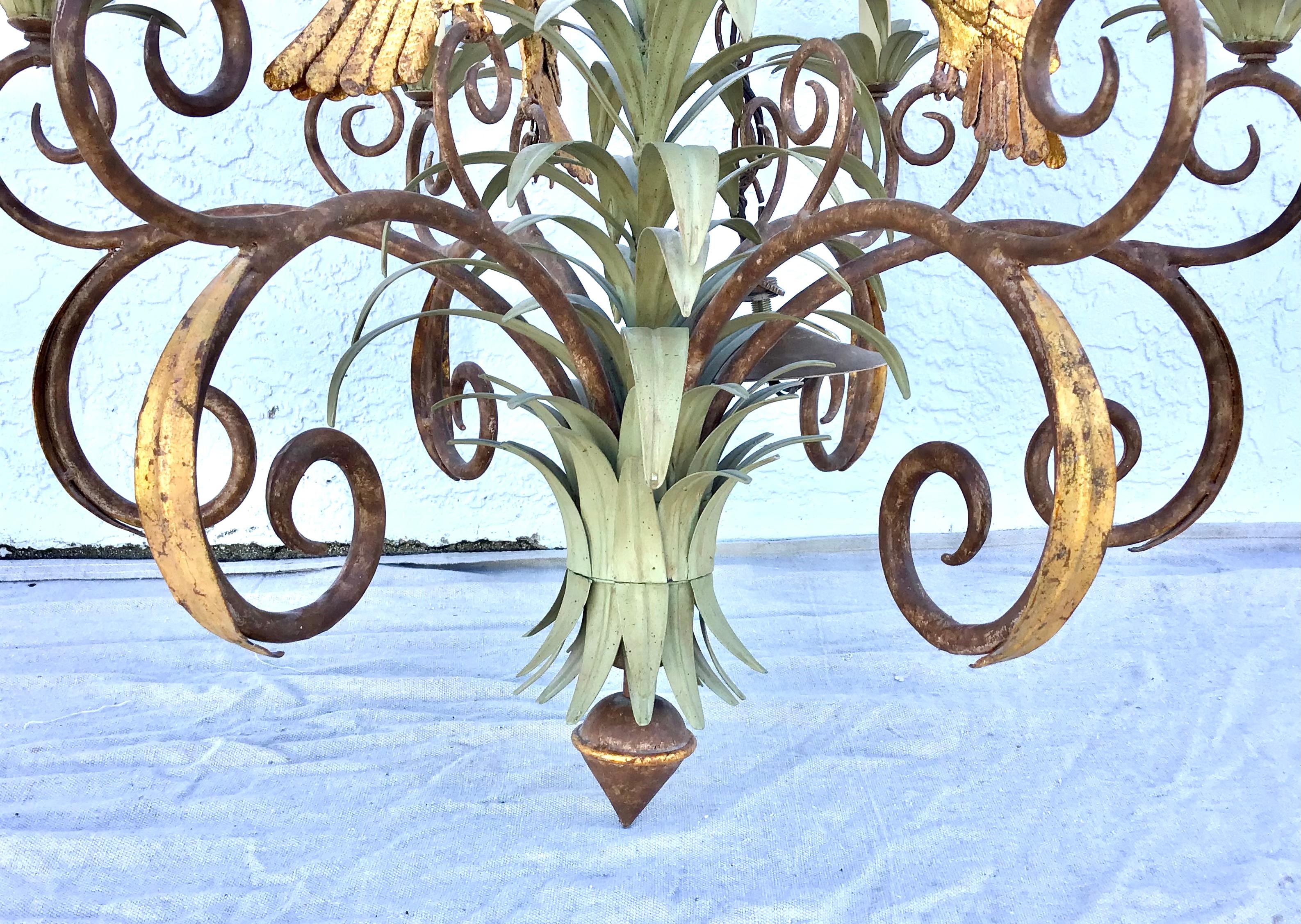 Metal Large Palm Leaf and Parrot Tole Chandelier