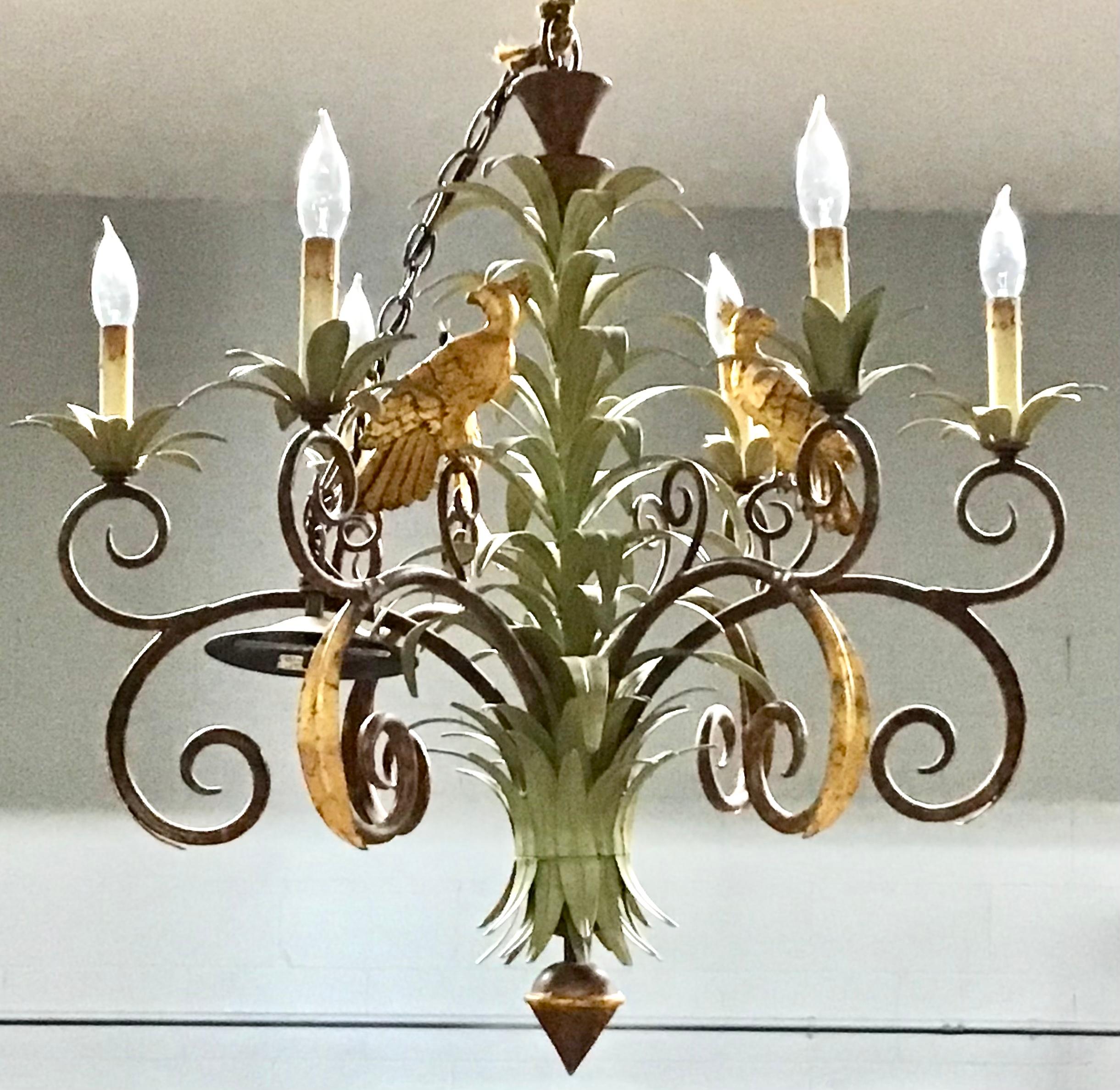 Large Palm Leaf and Parrot Tole Chandelier 1