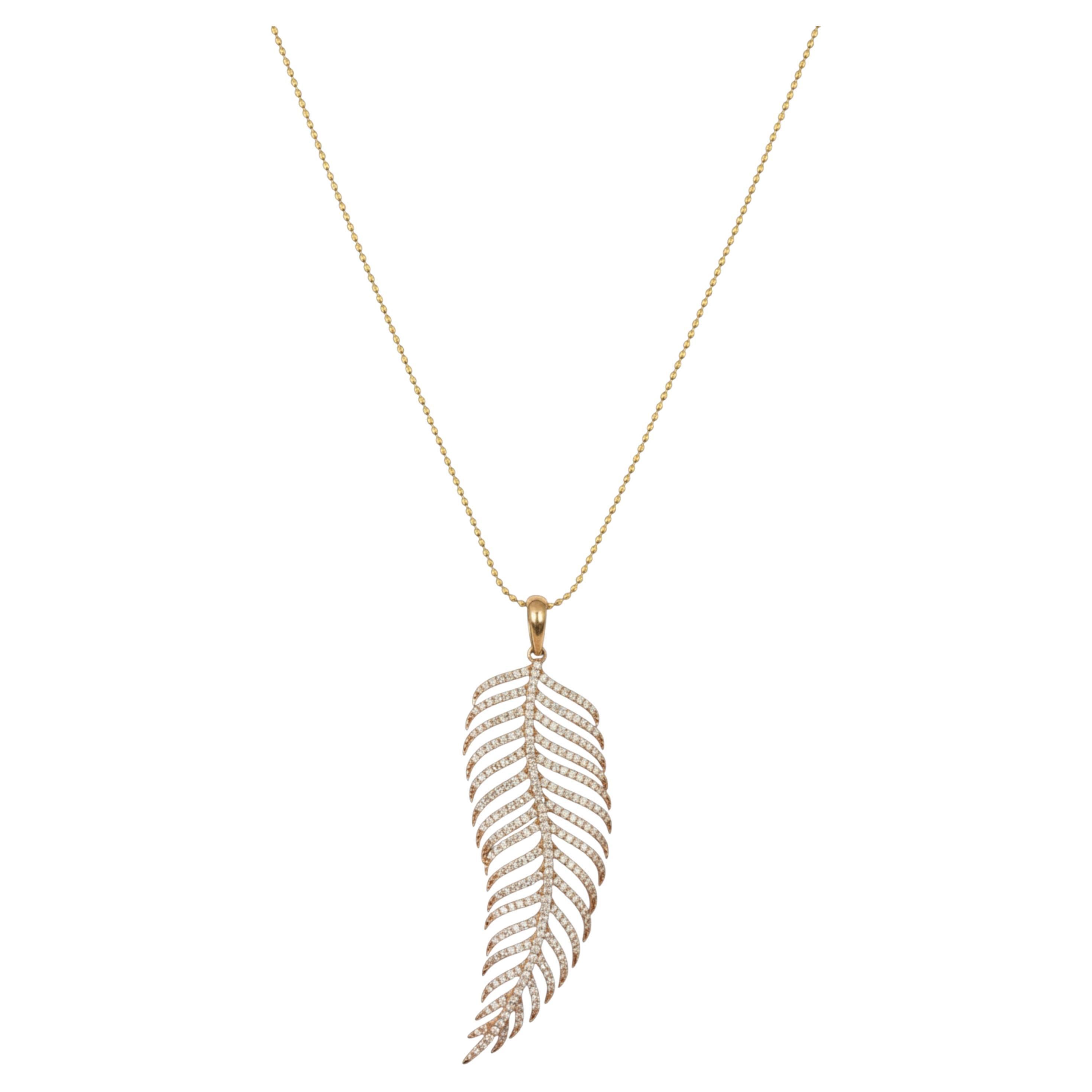Large Palm Leaf Diamond Charm Pendant on Gold Ball Chain Necklace