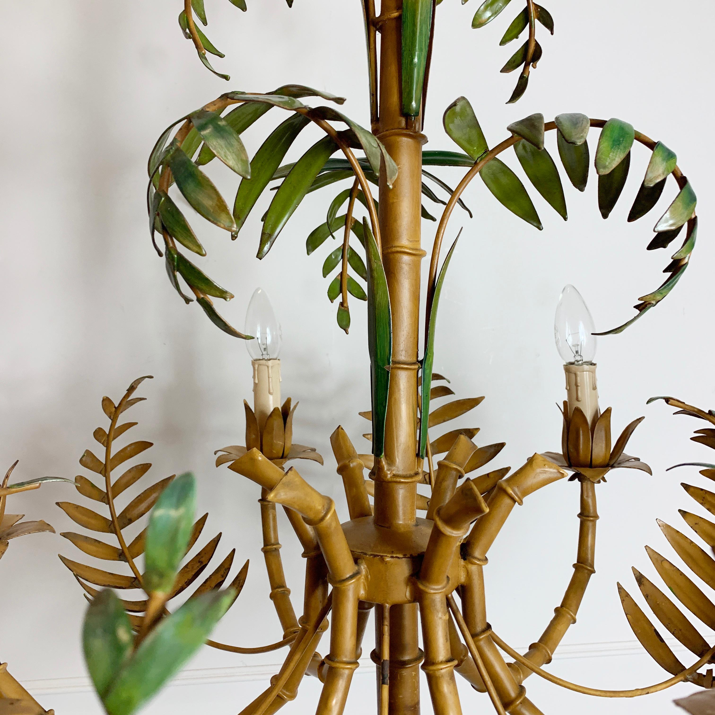 Large Palm Leaf and Faux Bamboo Tole Chandelier, 1960s 3