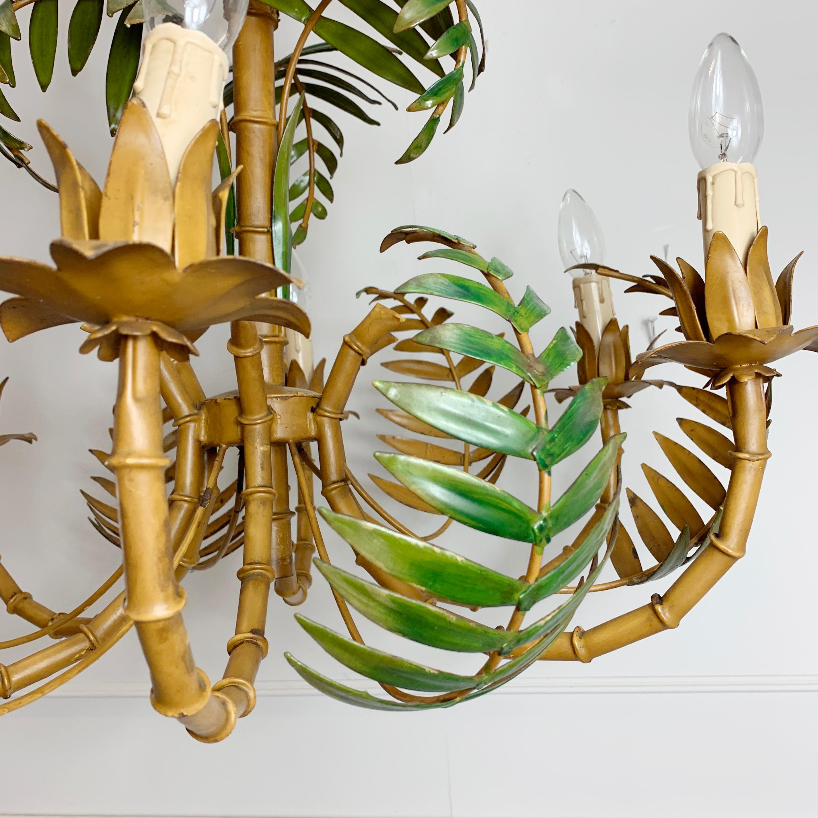 Large Palm Leaf and Faux Bamboo Tole Chandelier, 1960s 4