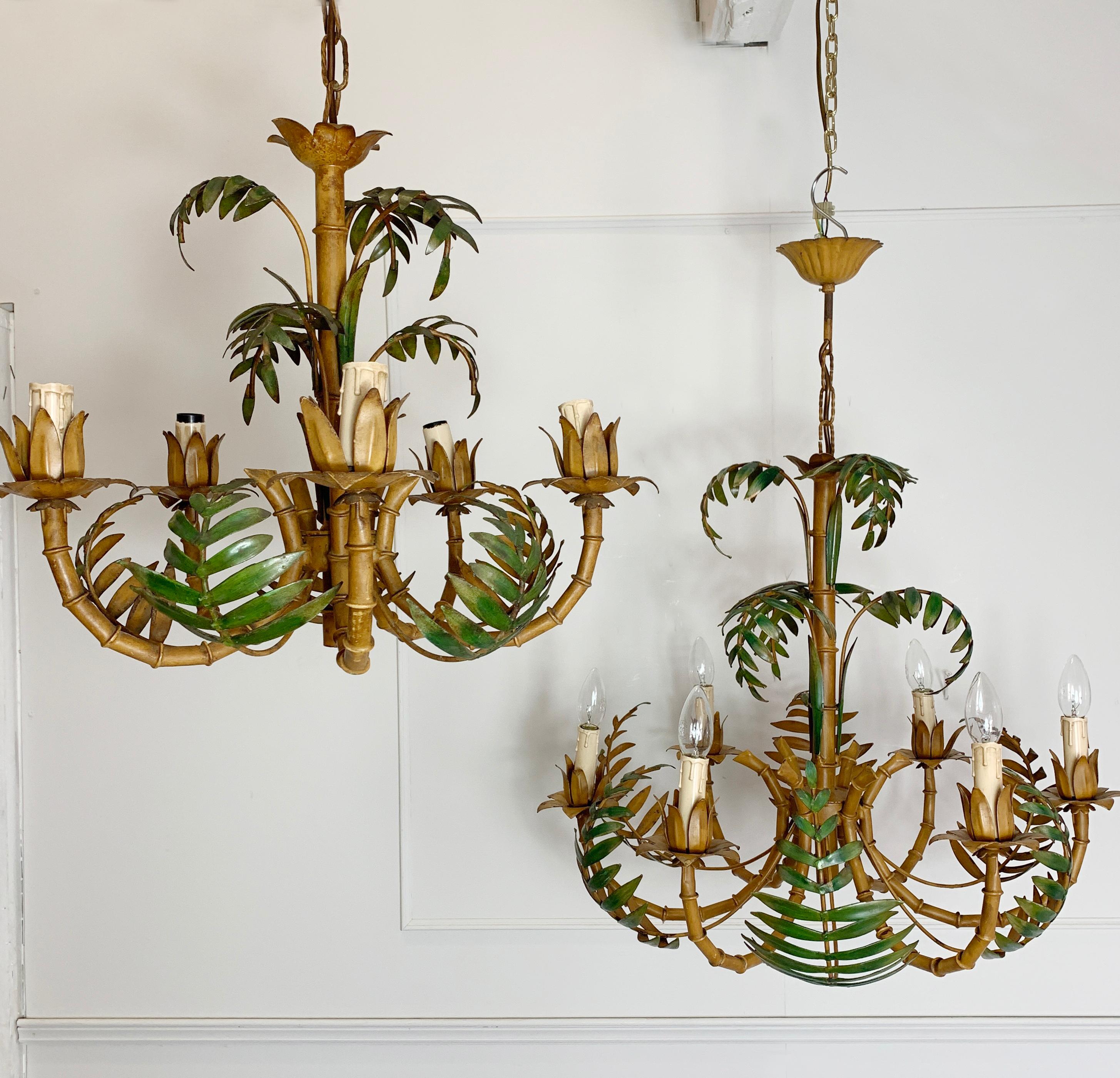 Large Palm Leaf and Faux Bamboo Tole Chandelier, 1960s 6