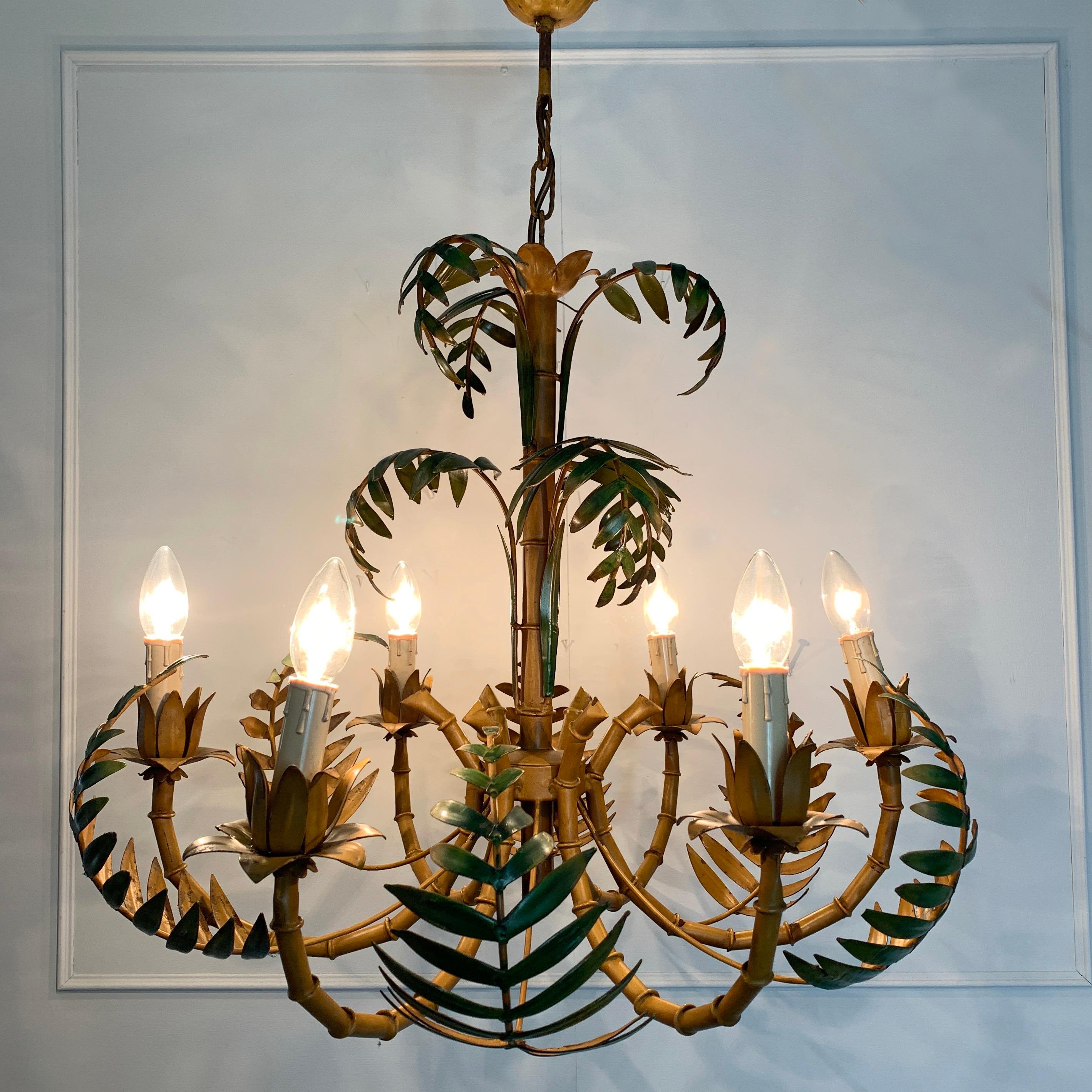 Mid-Century Modern Large Palm Leaf and Faux Bamboo Tole Chandelier, 1960s