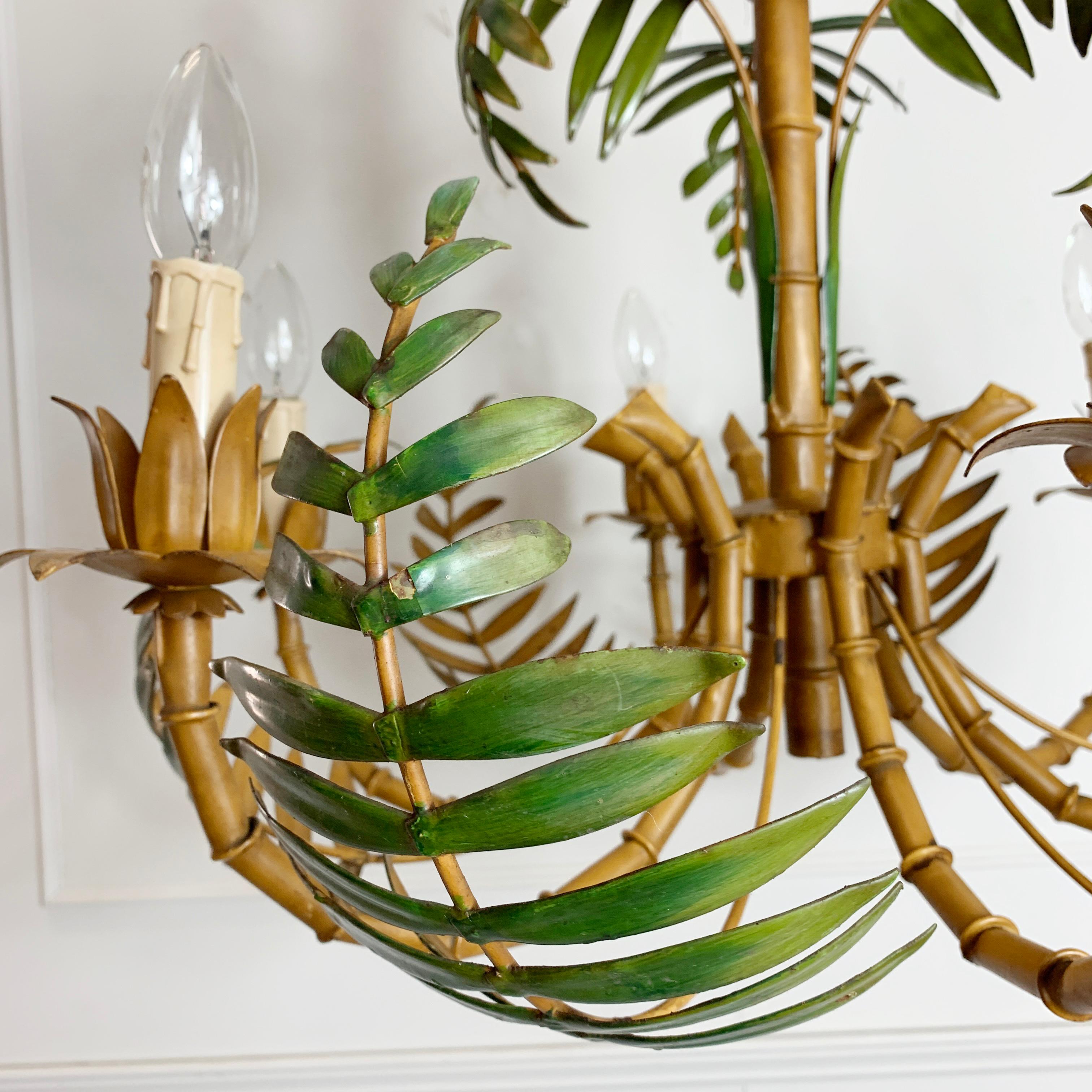 German Large Palm Leaf and Faux Bamboo Tole Chandelier, 1960s