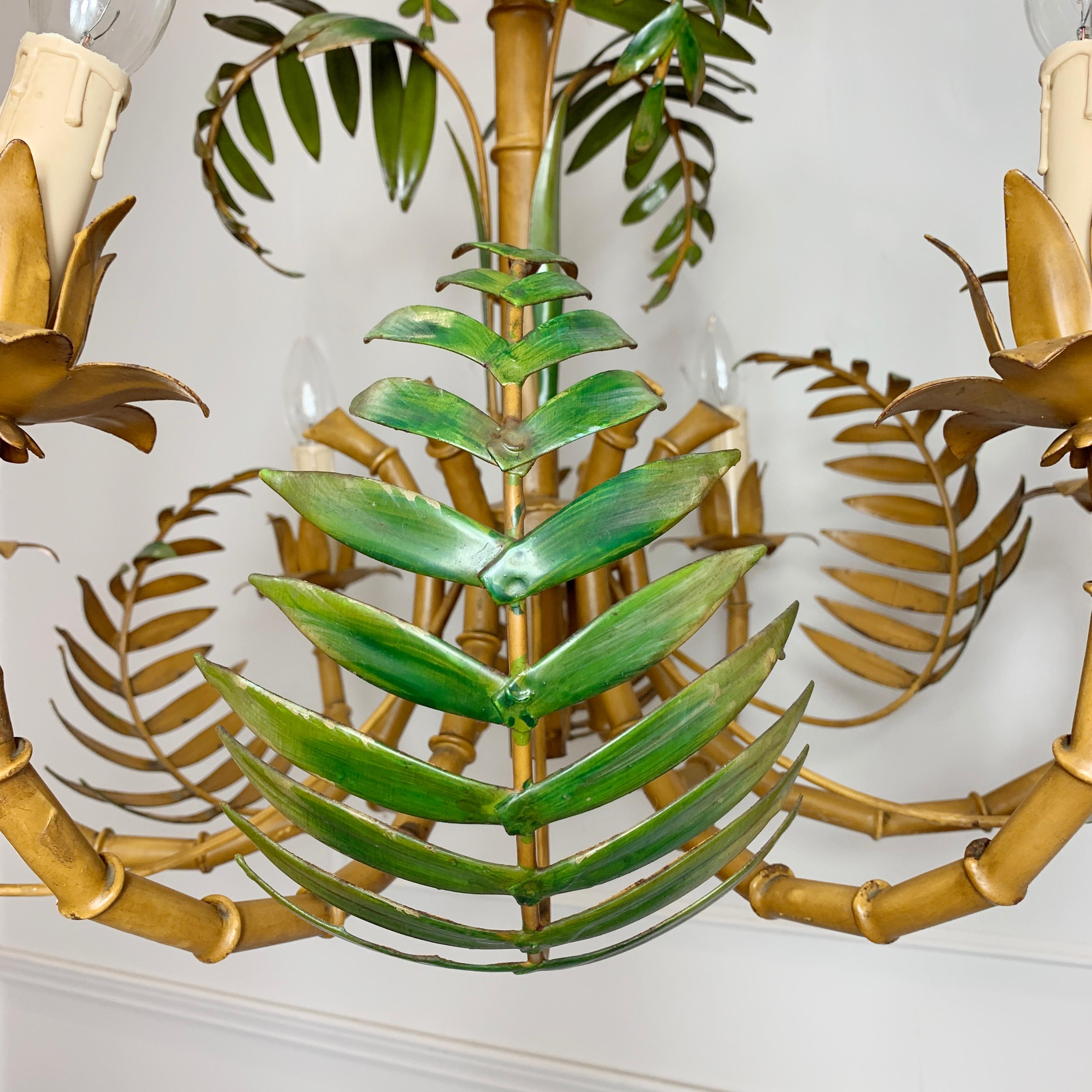 20th Century Large Palm Leaf and Faux Bamboo Tole Chandelier, 1960s