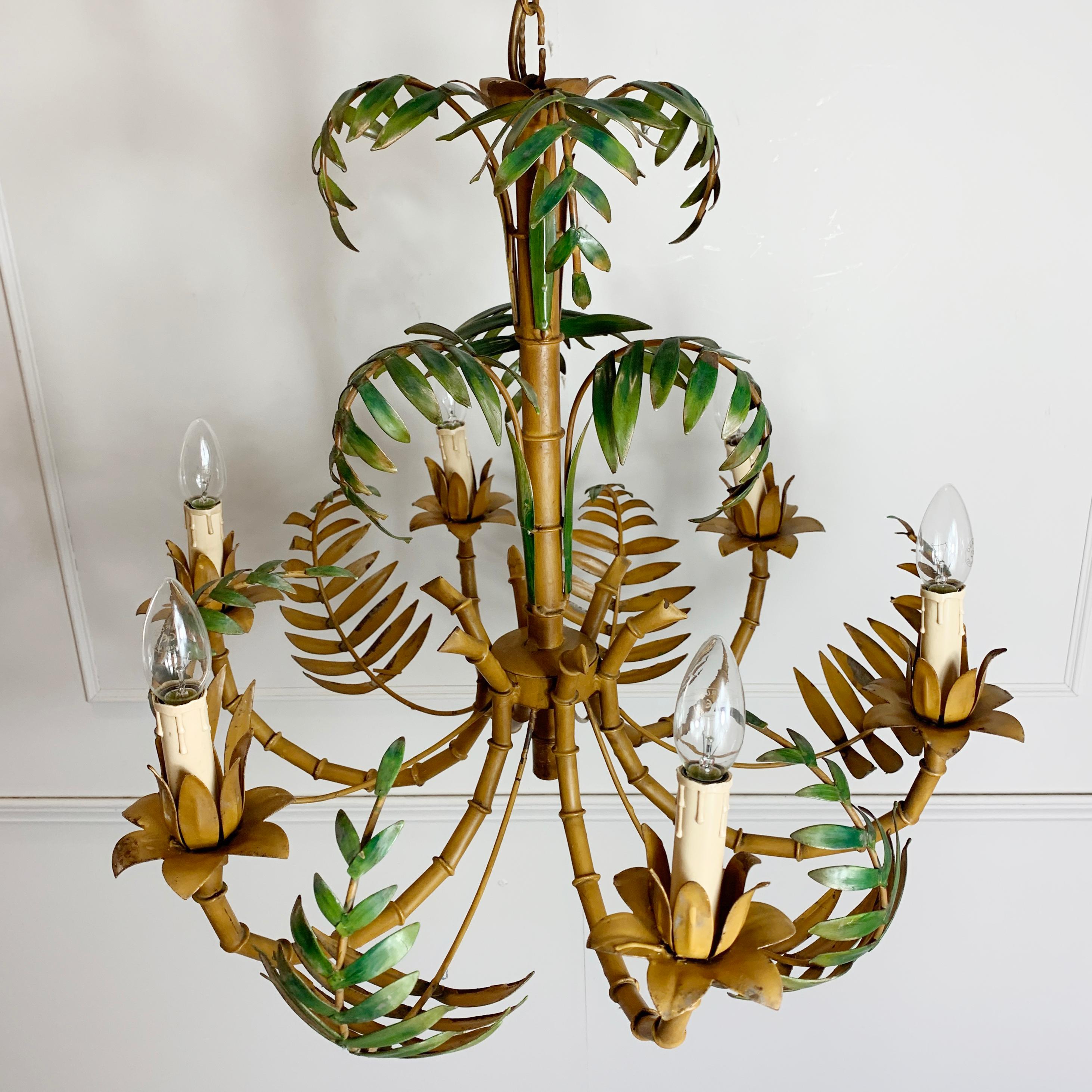 Metal Large Palm Leaf and Faux Bamboo Tole Chandelier, 1960s