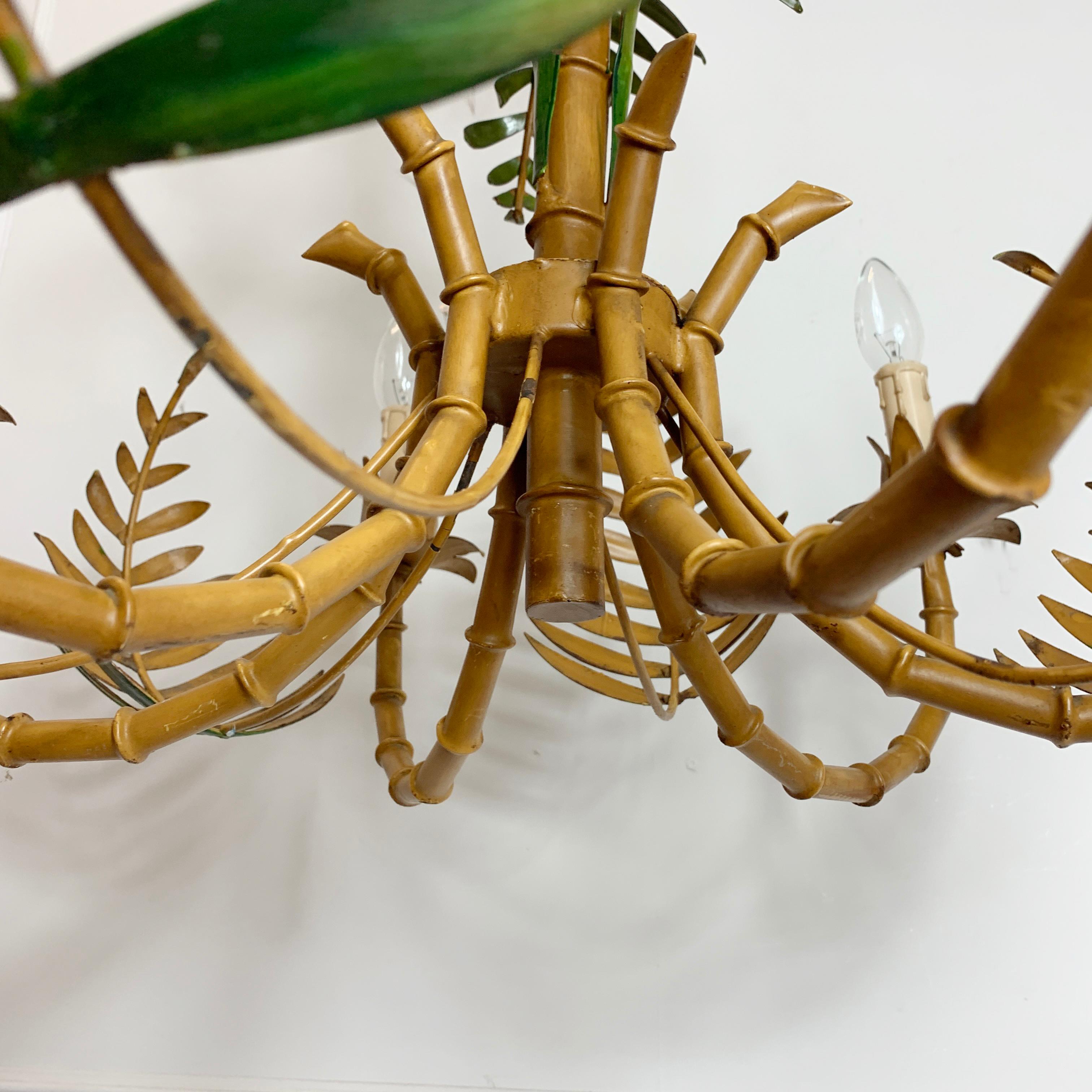 Large Palm Leaf and Faux Bamboo Tole Chandelier, 1960s 1