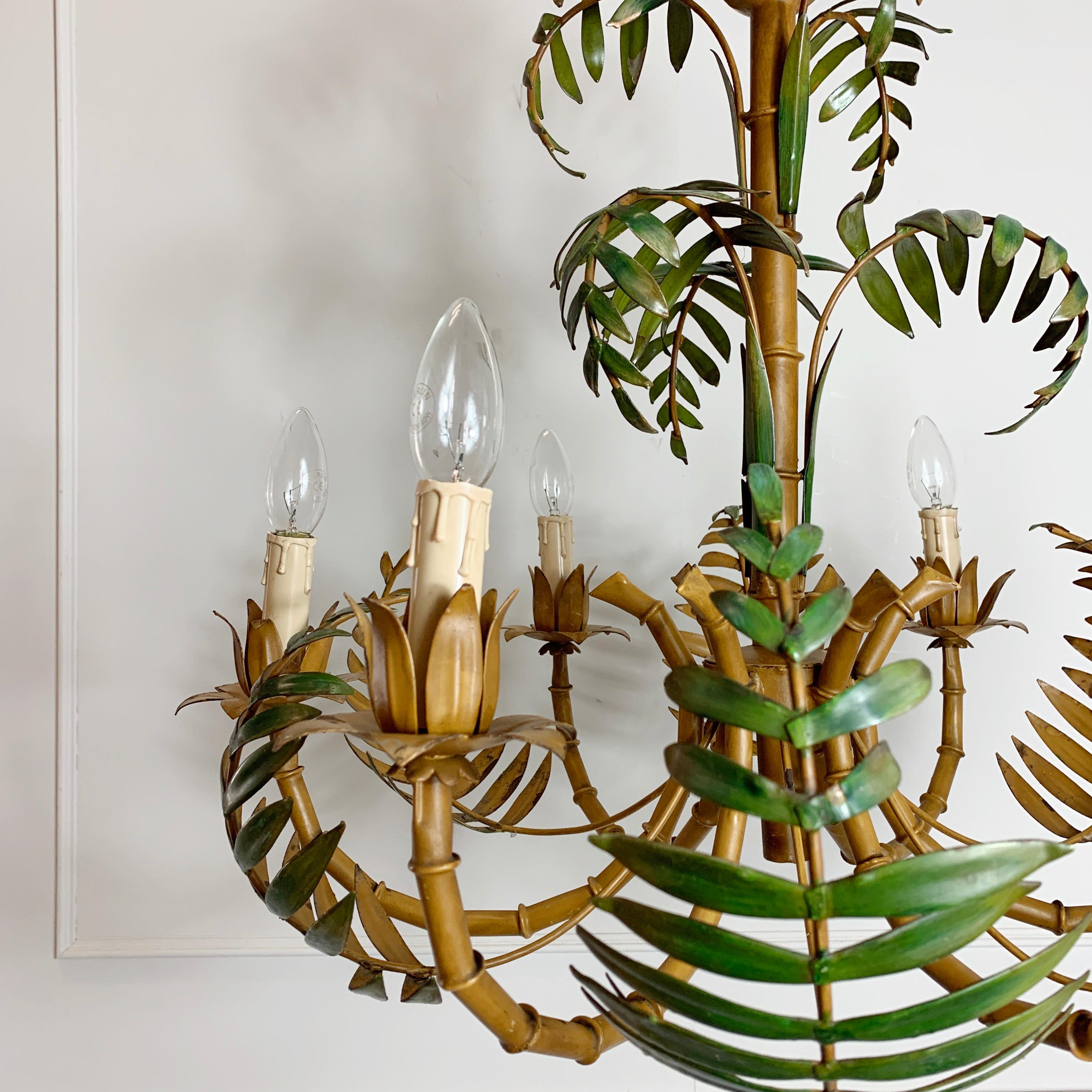Large Palm Leaf and Faux Bamboo Tole Chandelier, 1960s 2