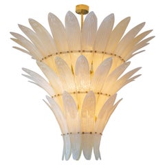 Grande lampadario in vetro di Murano Champagne con foglie di palma,  in stock