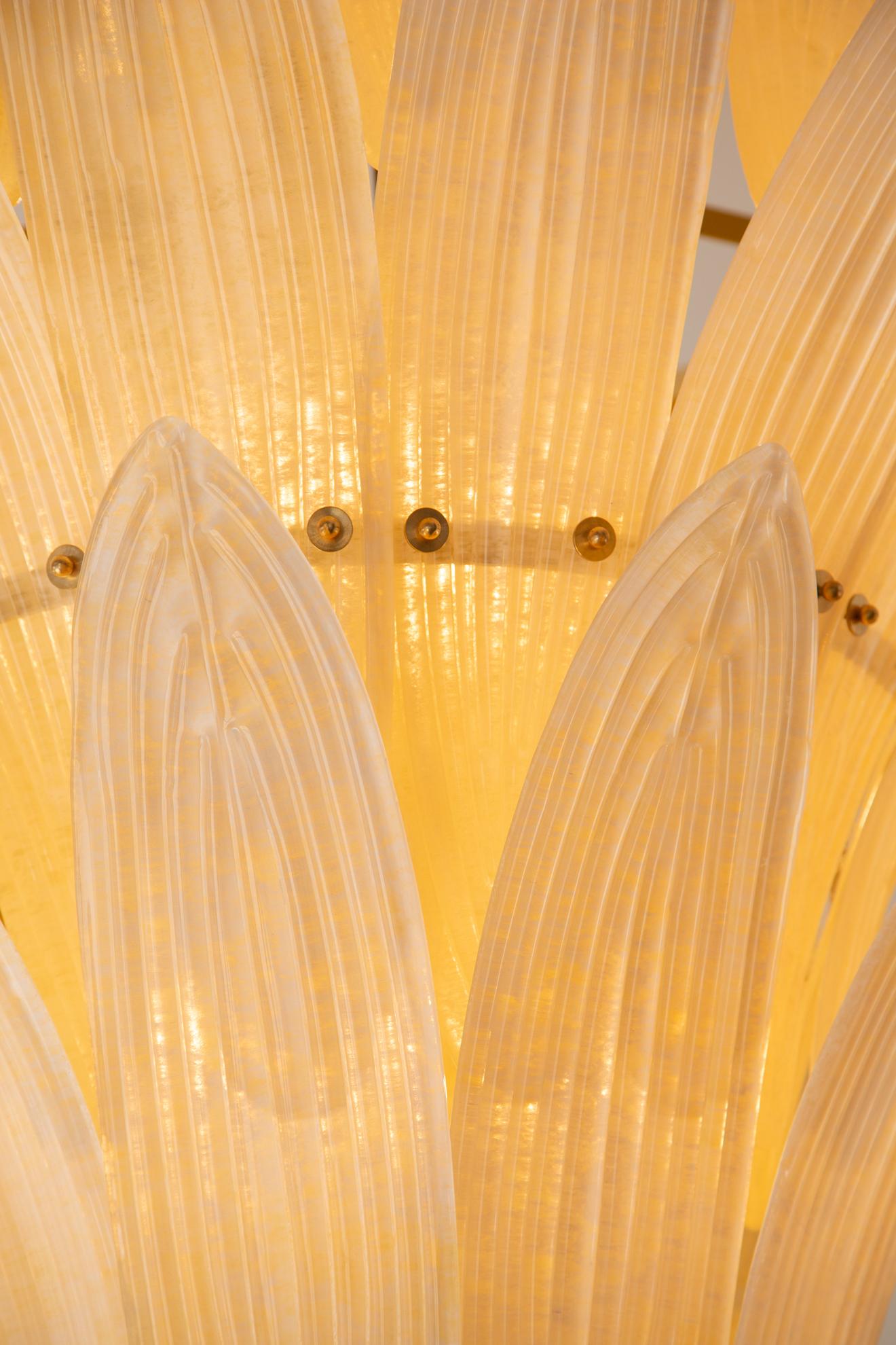 Brass Large Palm Leaves Murano Champagne Glass Chandelier,  in Stock For Sale