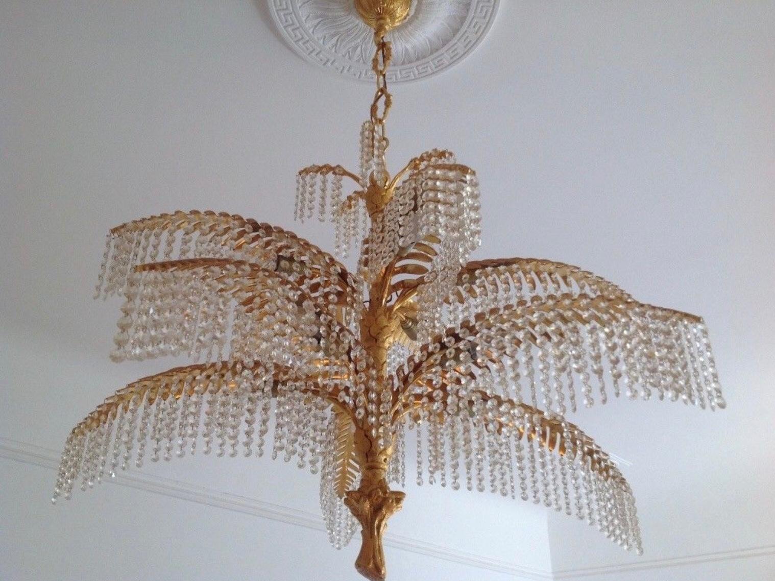 European Large Palm Tree Chandelier, Gilt Bronze and Crystal, circa 1970s