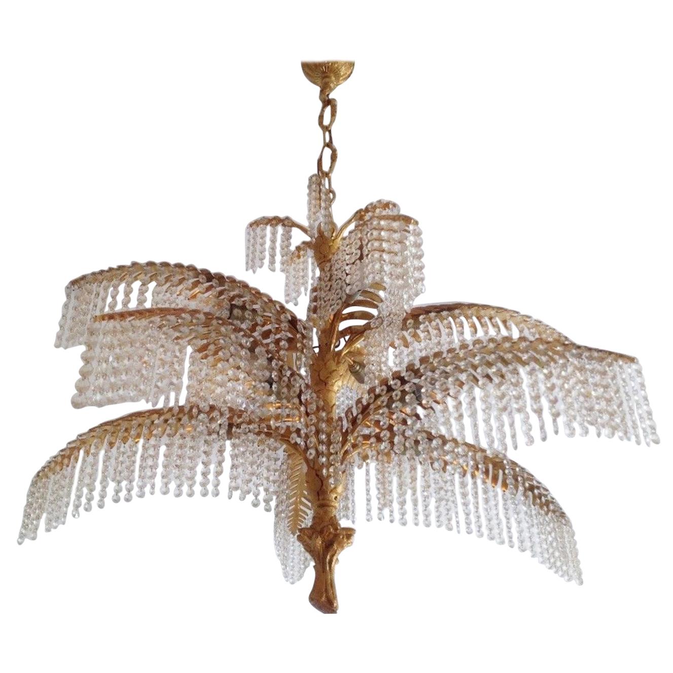 Large Palm Tree Chandelier, Gilt Bronze and Crystal, circa 1970s