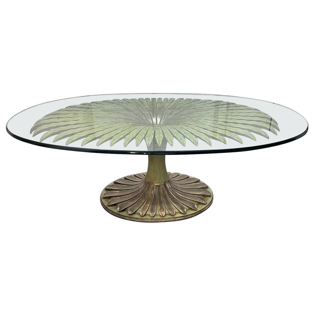 Large Palm Tree Style Oval Glass Top Dining Table