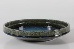 Large Palshus Danish Mid-century Low Bowl with Blue Green Glaze Chamotte Ceramic