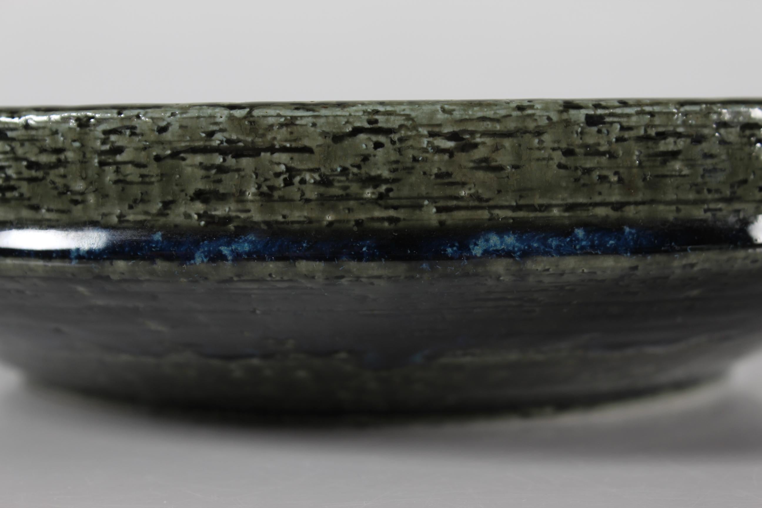 Mid-Century Modern Large Palshus Danish Mid-century Low Bowl with Blue Green Glaze Chamotte Ceramic For Sale