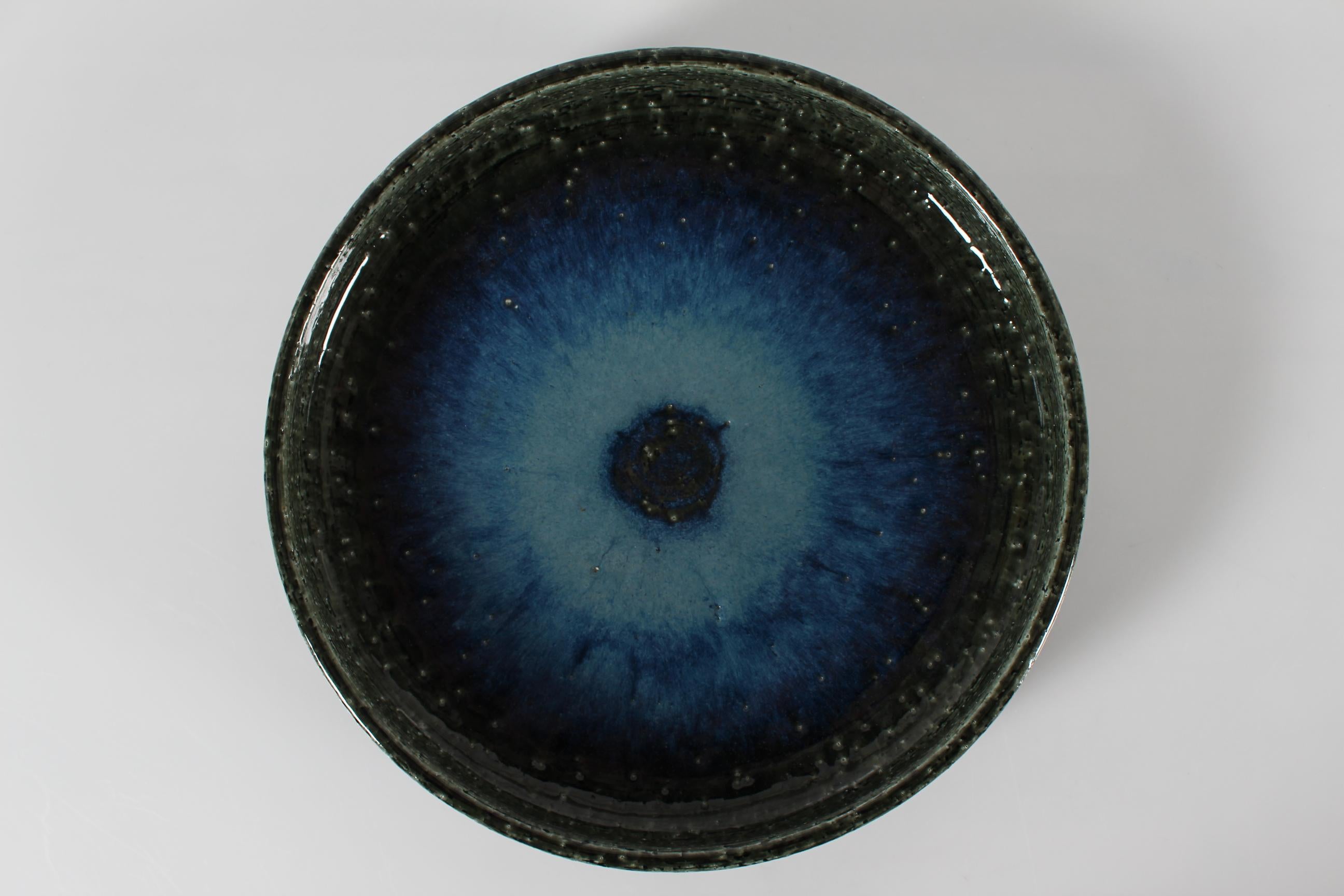 Glazed Large Palshus Danish Mid-century Low Bowl with Blue Green Glaze Chamotte Ceramic For Sale