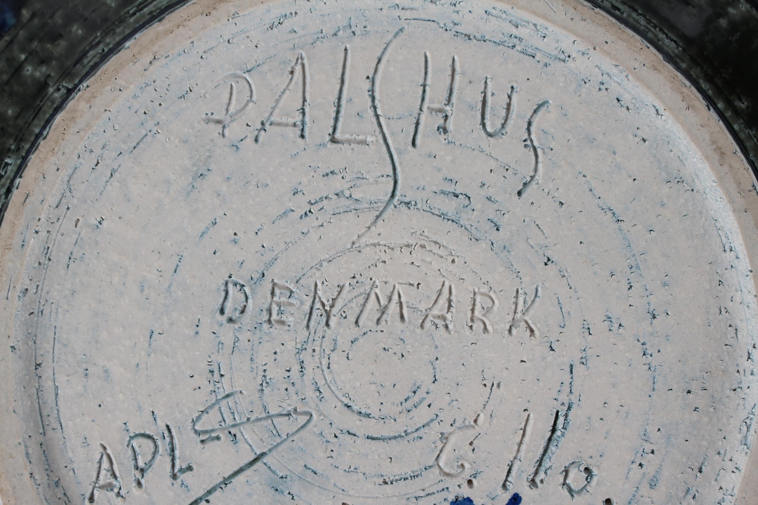 Mid-20th Century Large Palshus Danish Mid-century Low Bowl with Blue Green Glaze Chamotte Ceramic
