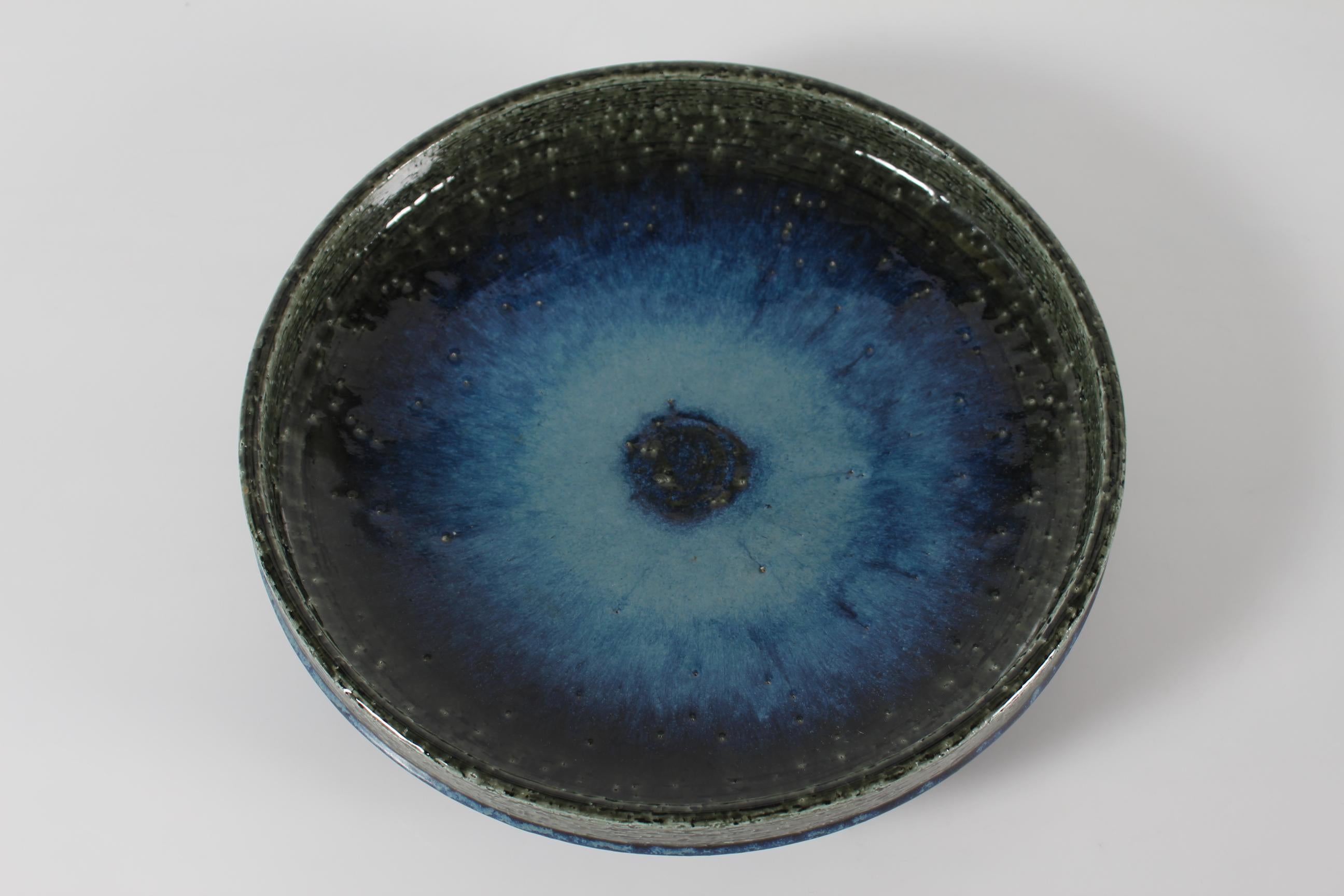 Large Palshus Danish Mid-century Low Bowl with Blue Green Glaze Chamotte Ceramic 2